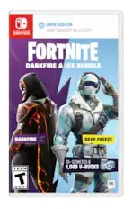 GAME ADD-ON
GAME CARD NOT INCLUDED!*
NINTENDO SWITCH
FORTNITE
DARKFIRE & ICE BUNDLE
DARKFIRE
DEEP FREEZE
10+ COSMETICS & 1,000 V-BUCKS
TEEN T ESRB
EPIC GAMES