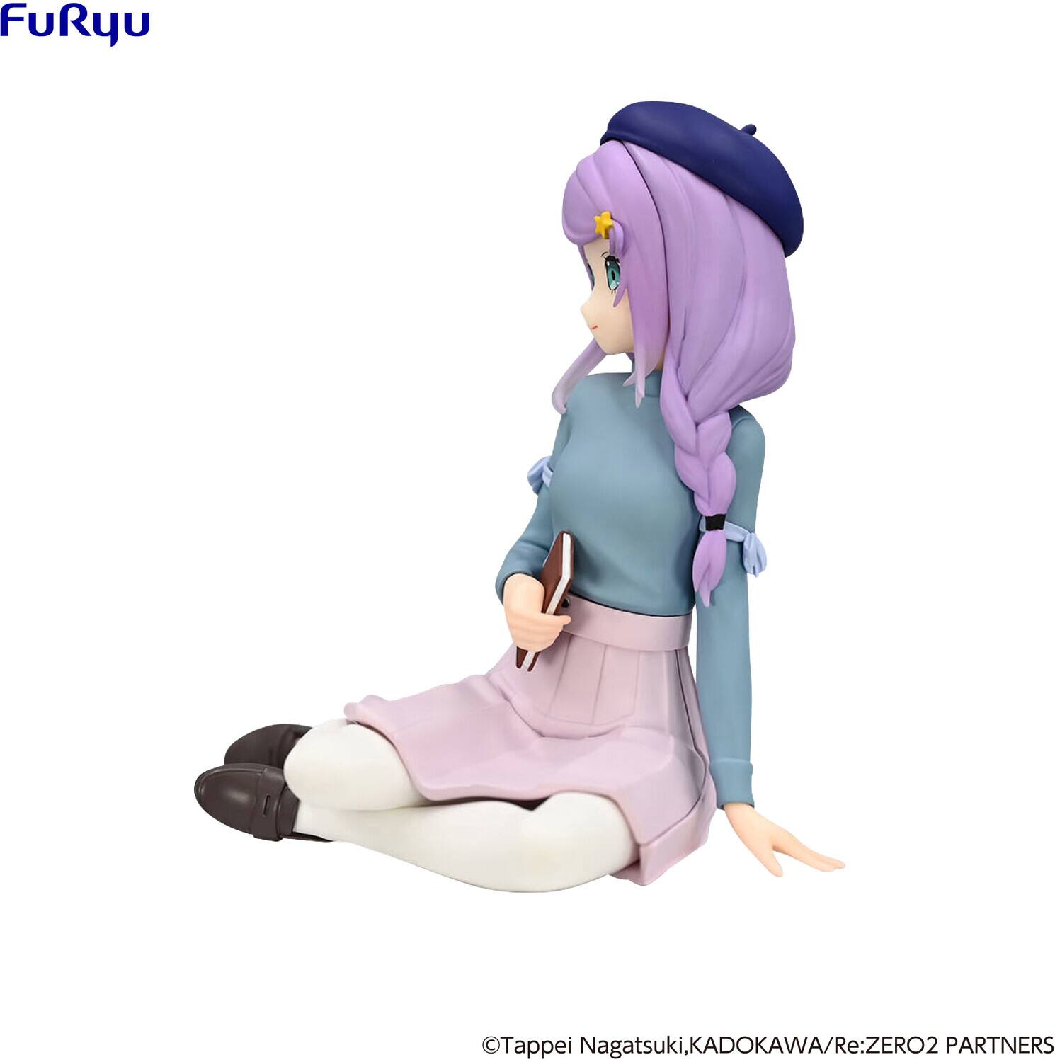 The corrected text is:

"FuRyu Tappei Nagatsuki. KADOKAWA/Re:ZERO2 Nagatsuki, ZERO2 PARTNERS"

The image shows a character with purple hair, wearing a blue top, pink skirt, and a blue beret, sitting on the ground.