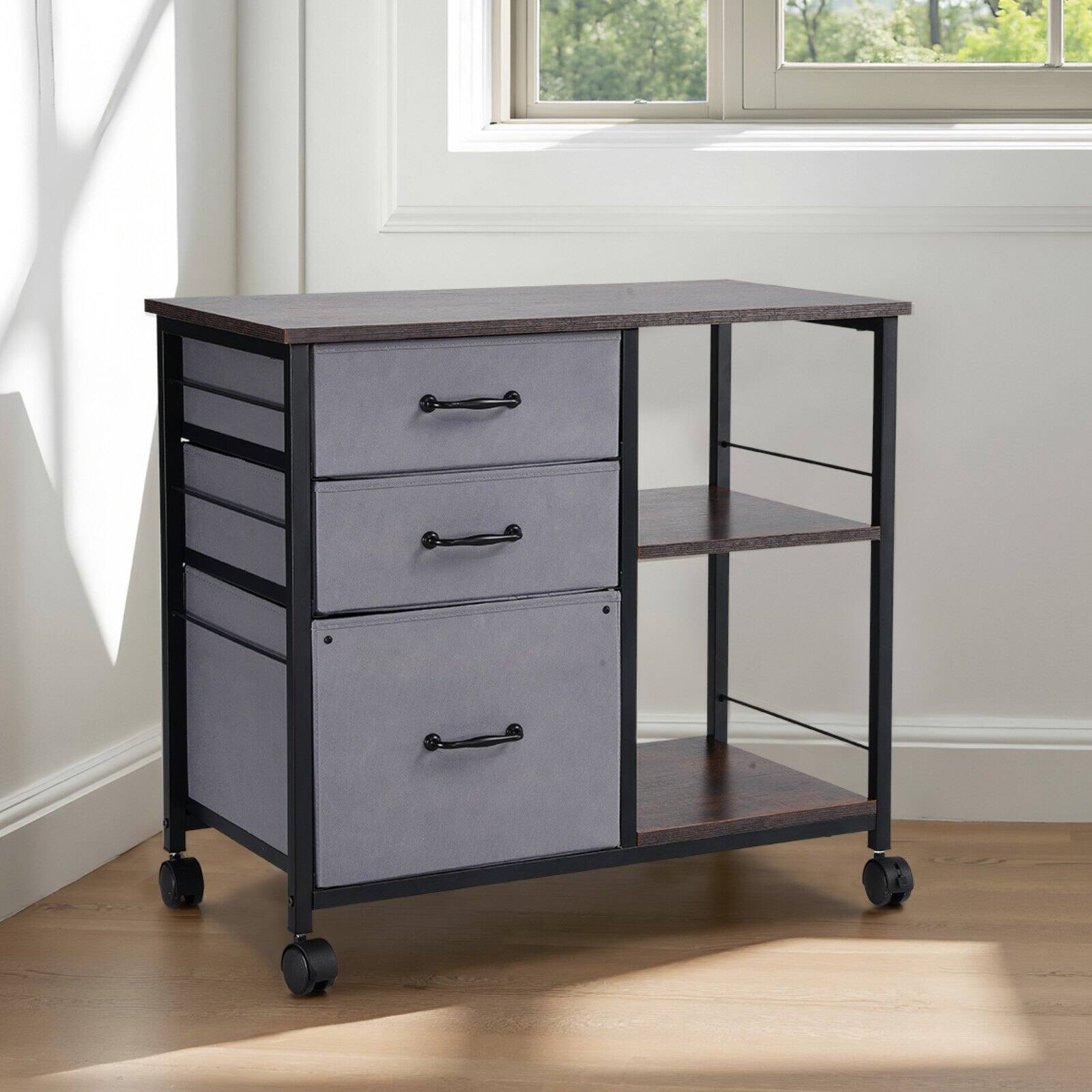 Alt View 1. Glintex - Metal File Cabinet Mobile Storage with 3 Fabric Drawers and 2 Shelves for Office Home Legal File Organization - Brown.