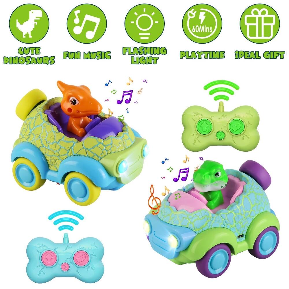 Loheer - Dinosaur Remote Control Car Twin Pack Rechargeable Toddler RC Cars with Light Music
