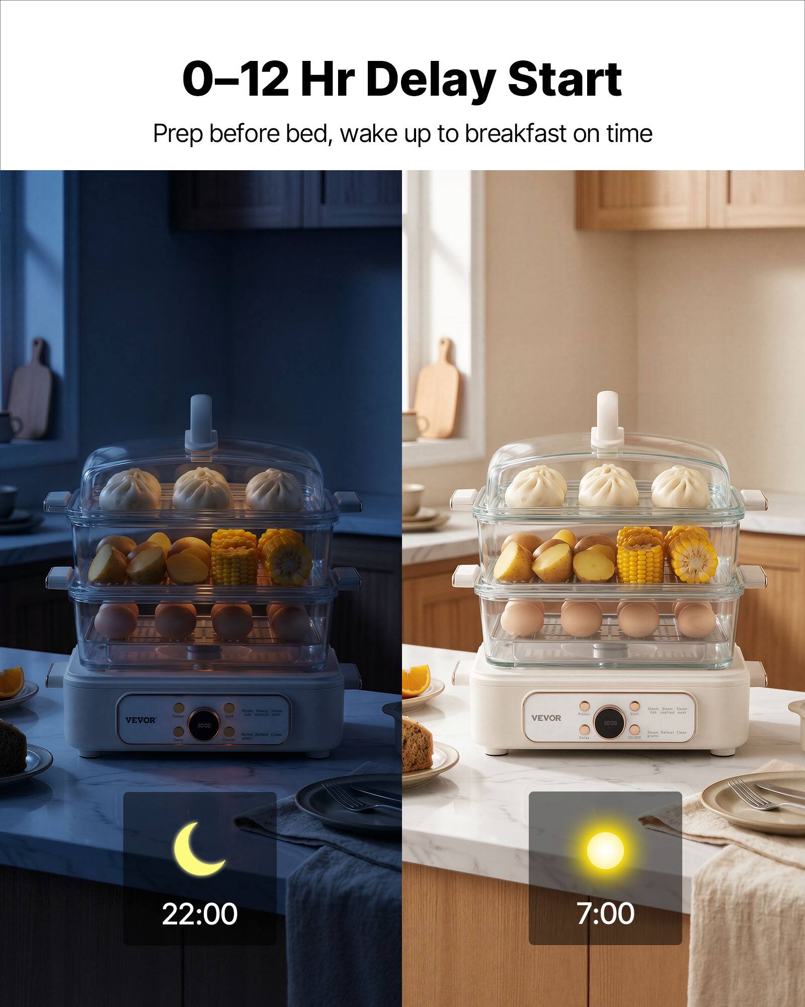 0-12 Hr Delay Start  
Prep before bed, wake up to breakfast on time

VEVOR  
- -  
10:00  
- Salars - - - - CHANGE  
VEVOR  
- Ques  
Shat - - - -  
22:00  
7:00