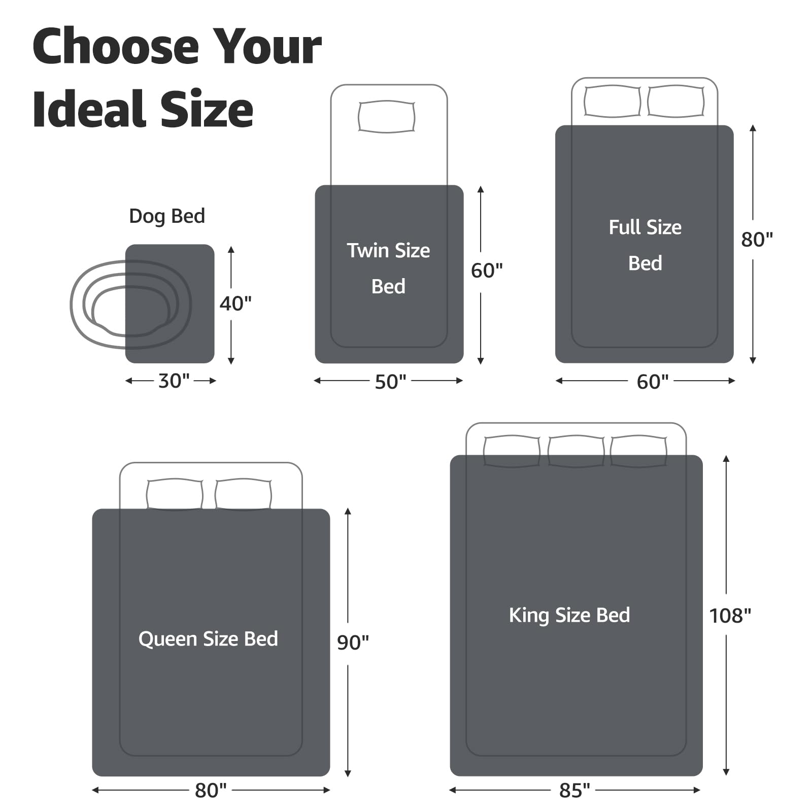 Choose Your Ideal Size

Dog Bed
- 30" x 40"

Twin Size Bed
- 50" x 60"

Full Size Bed
- 60" x 80"

Queen Size Bed
- 80" x 90"

King Size Bed
- 85" x 108"