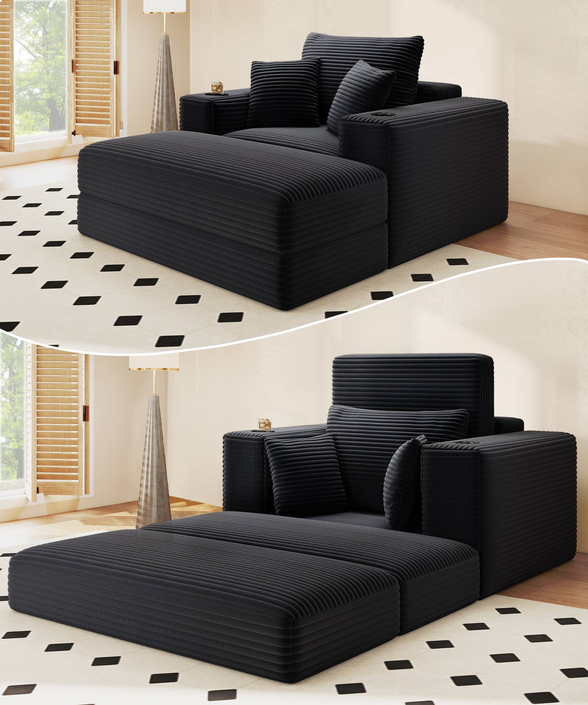 Angle. GRANDJOY - 62" 3‑in‑1 Corduroy Chaise Lounge Chair, Convertible Sleeper Sofa Bed & Recliner for Living Room - Black.