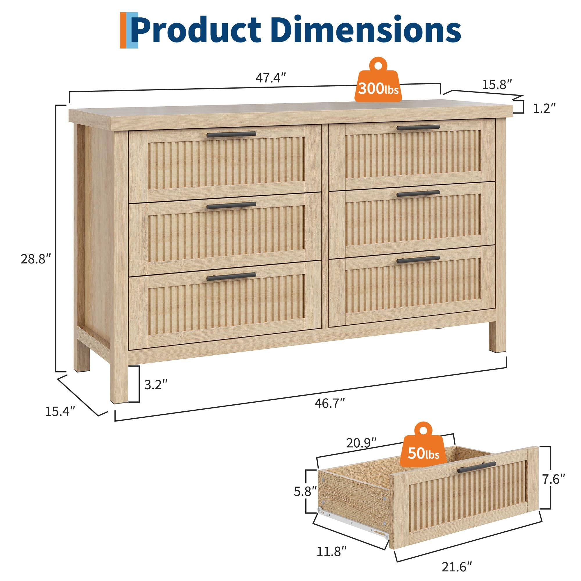 Product Dimensions

- Height: 28.8"
- Width: 47.4"
- Depth: 15.4"
- Drawer Height: 3.2"
- Drawer Weight Capacity: 50 lbs
- Drawer Dimensions: 21.6" (width) x 11.8" (depth) x 7.6" (height)
- Top Surface: 15.8" (depth) x 1.2" (thickness)
- Weight Capacity: 300 lbs