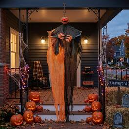 WELLFOR - 6 Ft Hanging Pumpkin Ghost Halloween Decoration with Glowing Red Eyes and Bendable Arms - Black and Orange