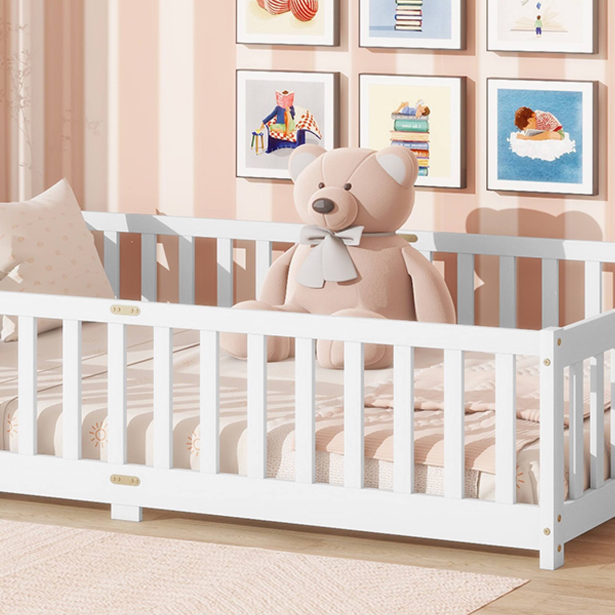 Alt View 6. GOODSILO - Full Size Floor Bed with Safety Fence and Revolving Door for Children, Sturdy Rubber Wood Construction - White.