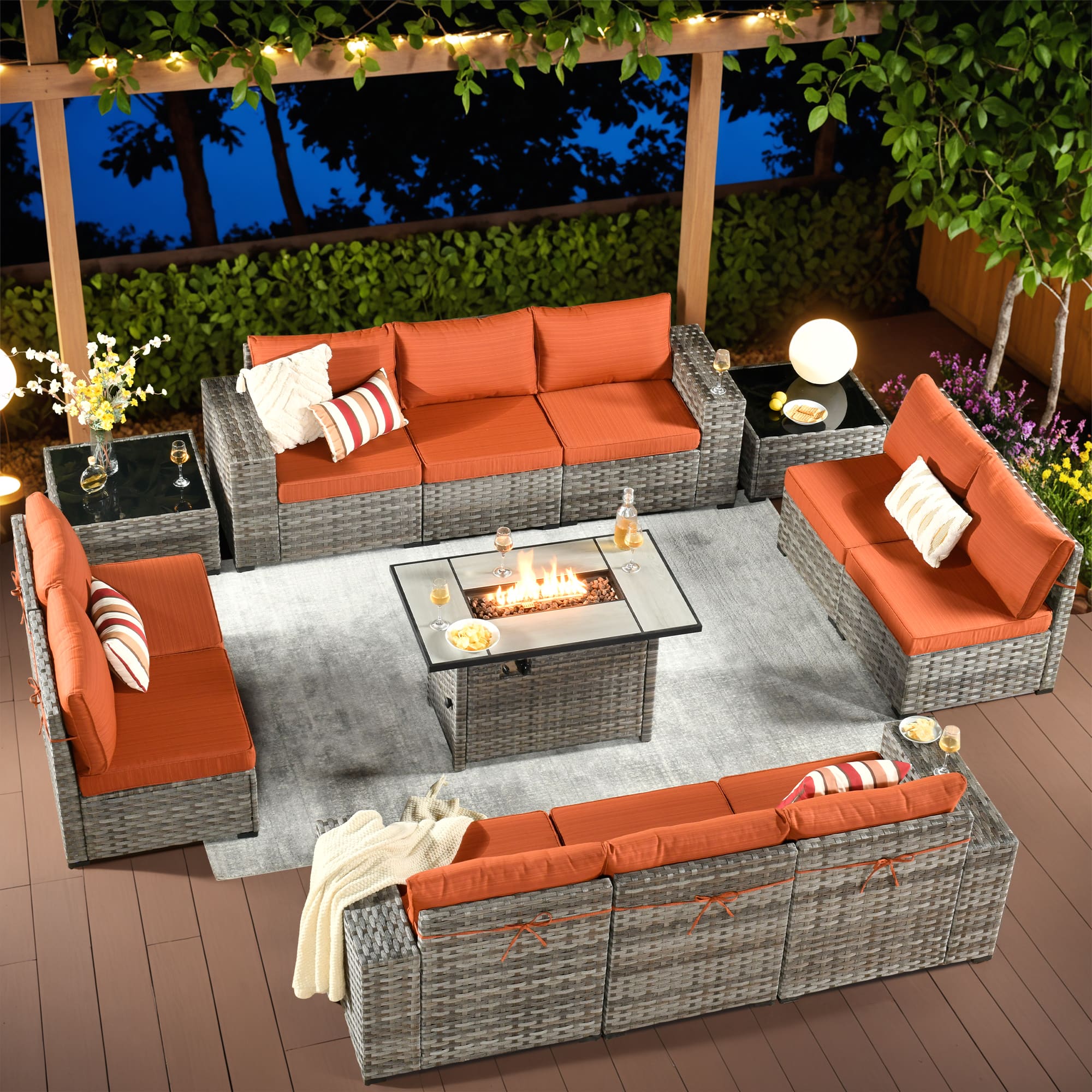 Ovios - 12 PCS Outdoor Patio Furniture Wicker Sectional Sofa with Coffee Table & 42" Fire Pit Table - Orange Red