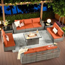 Ovios - 12 PCS Outdoor Patio Furniture Wicker Sectional Sofa with Coffee Table & 42" Fire Pit Table - Orange Red
