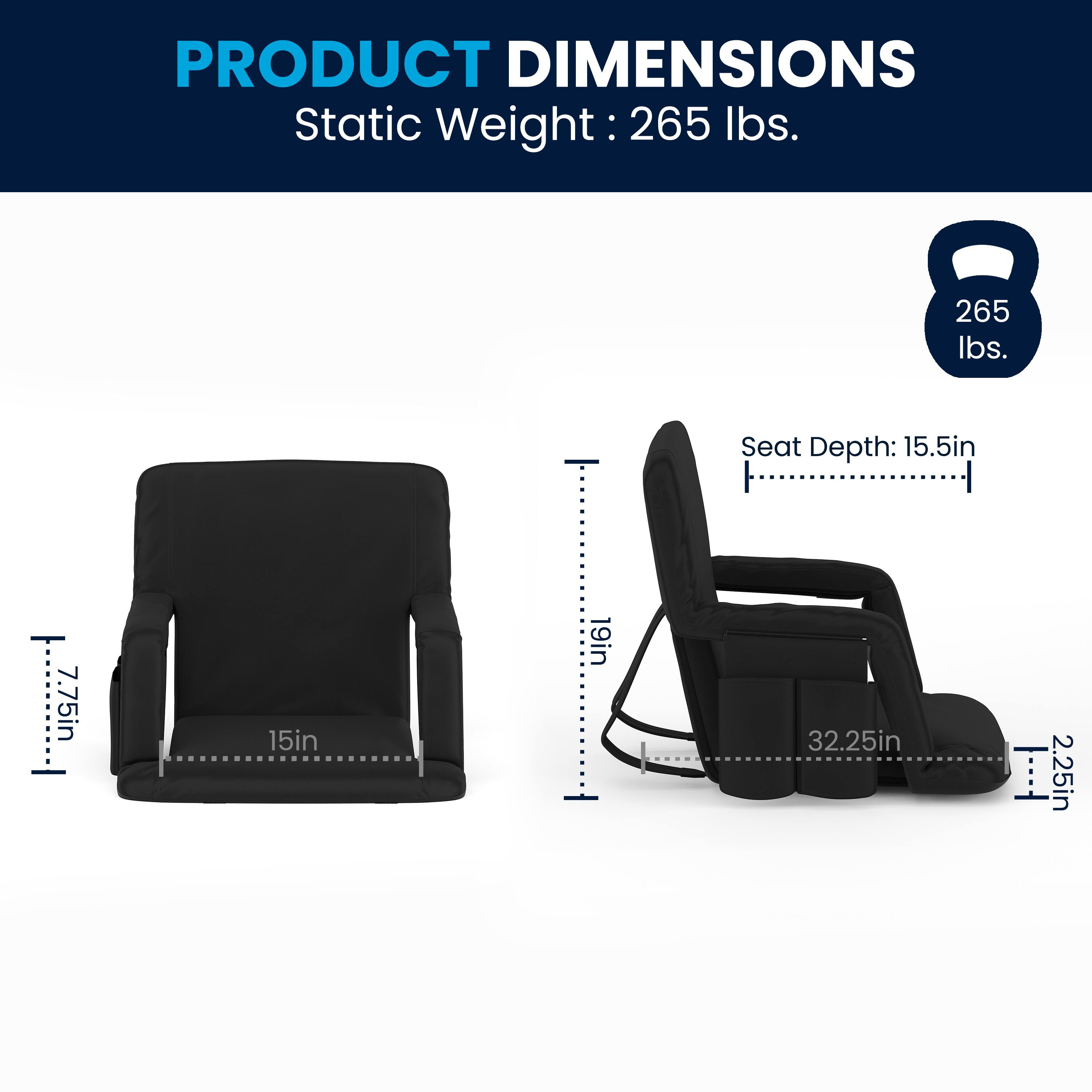 PRODUCT DIMENSIONS  
Static Weight: 265 lbs.  
Seat Depth: 15.5in  
Seat Height: 19in  
Seat Width: 15in  
Overall Width: 32.25in  
Overall Height: 77.5in  
Overall Depth: 2.25in