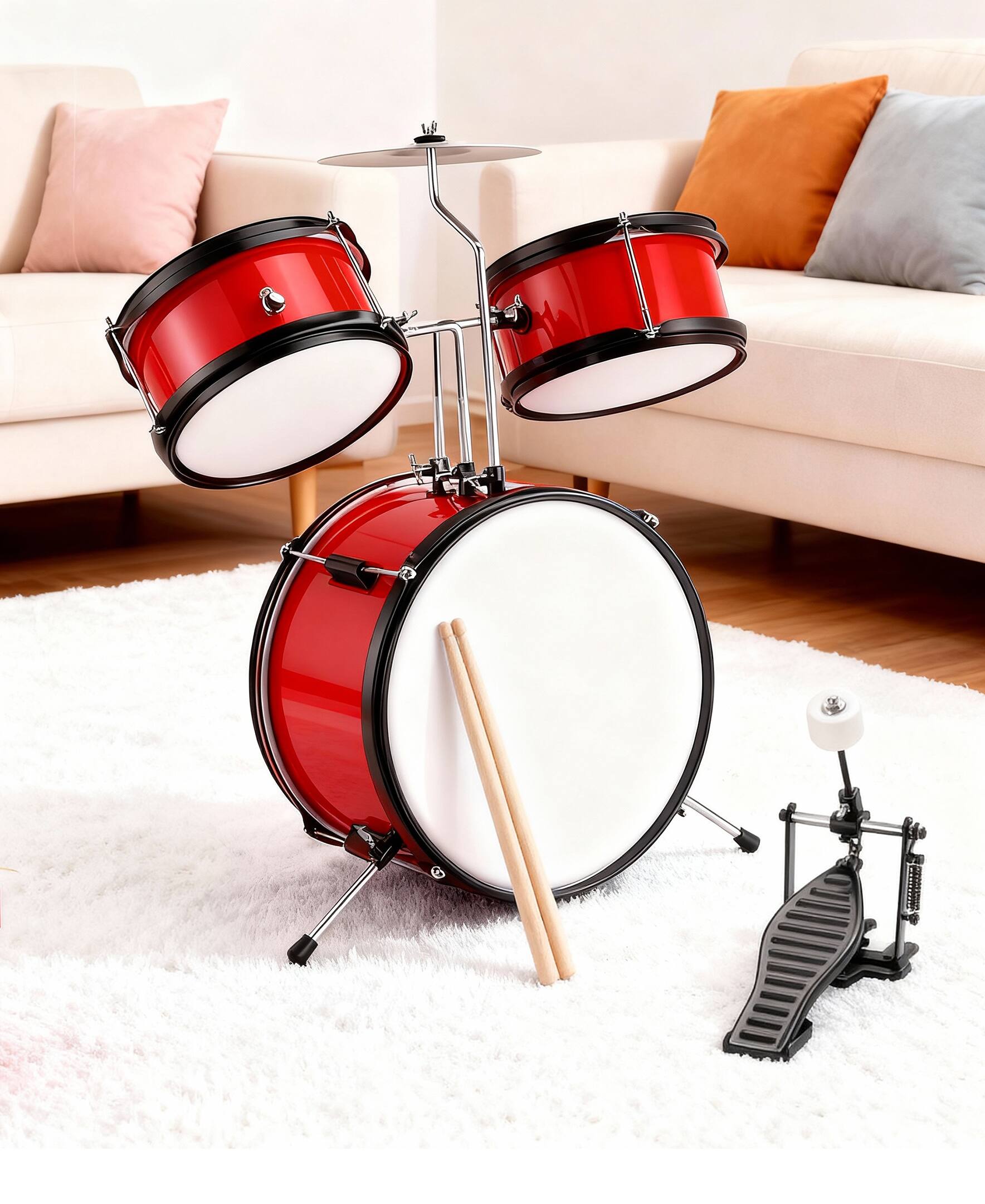 Alt View 1. Sugift - 3-Piece Kids Drum Set with Adjustable Stool, Bass Pedal & Cymbal – Realistic Junior Drum Kit for Ages 3+ - Red.
