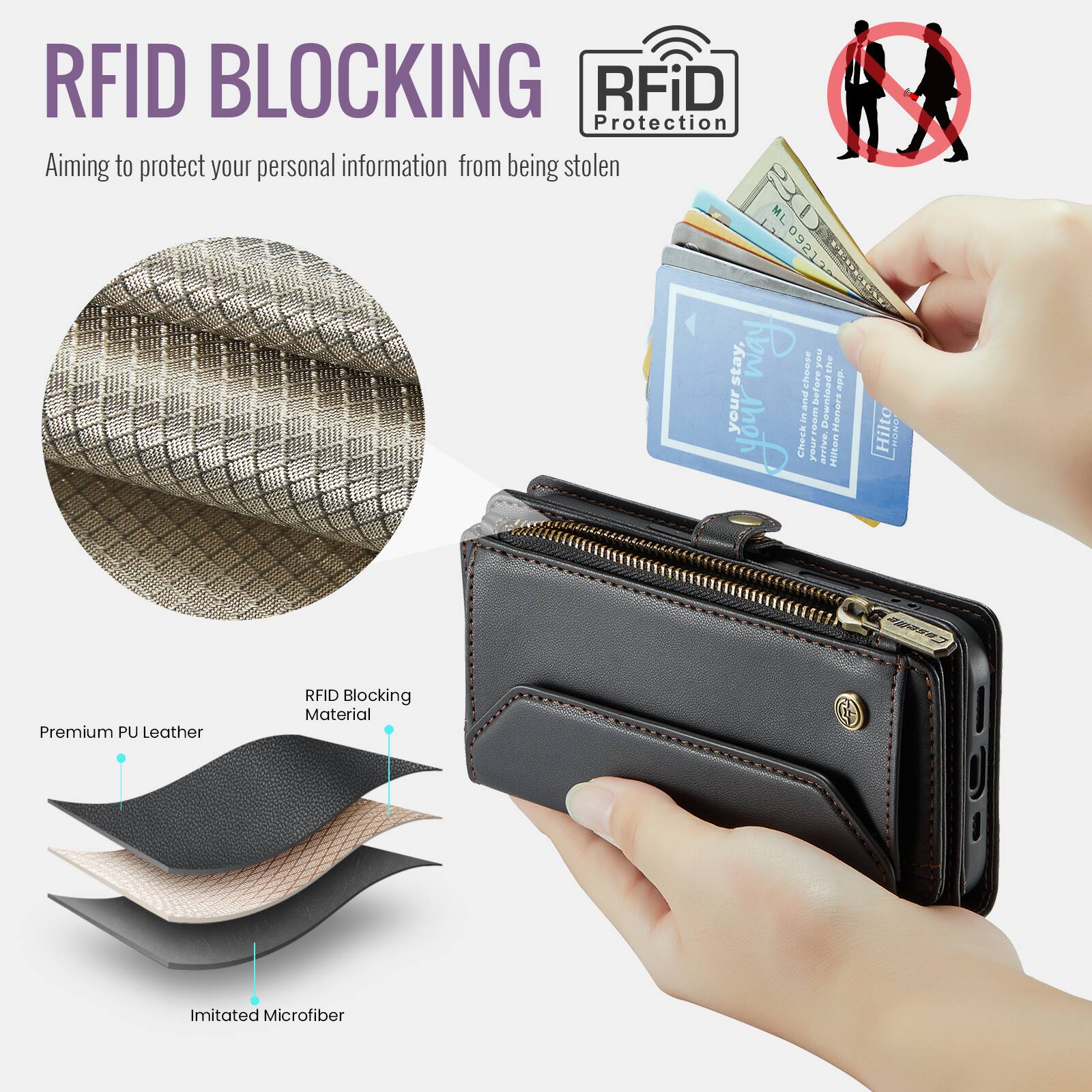 RFID BLOCKING  
Aiming to protect your personal information from being stolen  

RFiD Protection  

Premium PU Leather  
RFID Blocking Material  
Imitated Microfiber