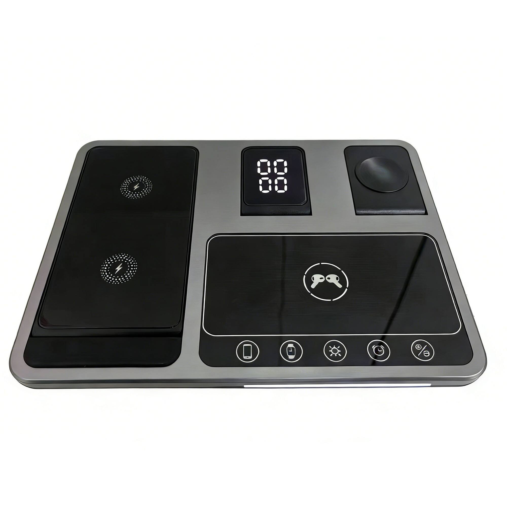 Front. YONWAY - Wireless Charging Dock, Charger Stand with Alarm Clock and White Ambient Lighting for iPhone, Apple Watch, AirPods.