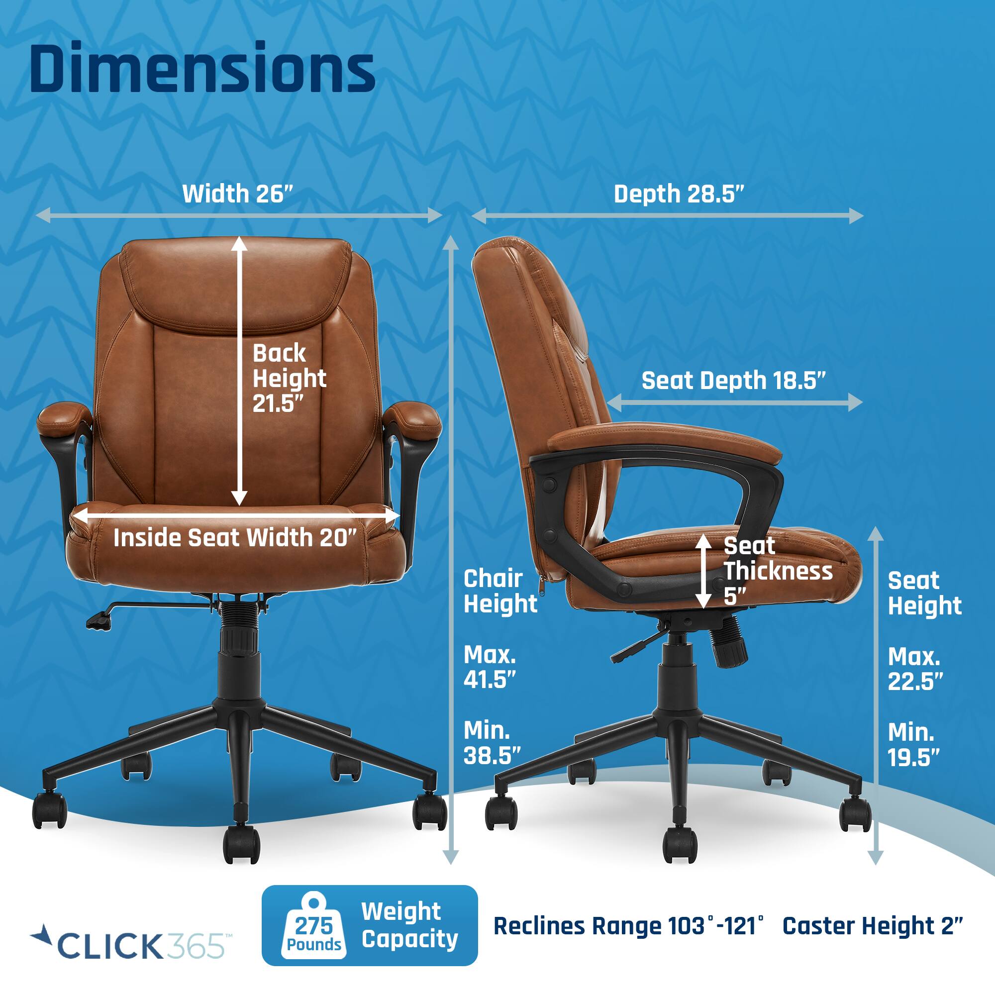 The image shows two chairs with dimensions and specifications listed next to them. The chairs are brown and have a leather finish. The dimensions include the width, depth, back height, seat depth, inside seat width, chair height, seat thickness, and seat height. The chairs have a weight capacity of 365 pounds and can recline up to 103 degrees. The caster height is 2 inches.