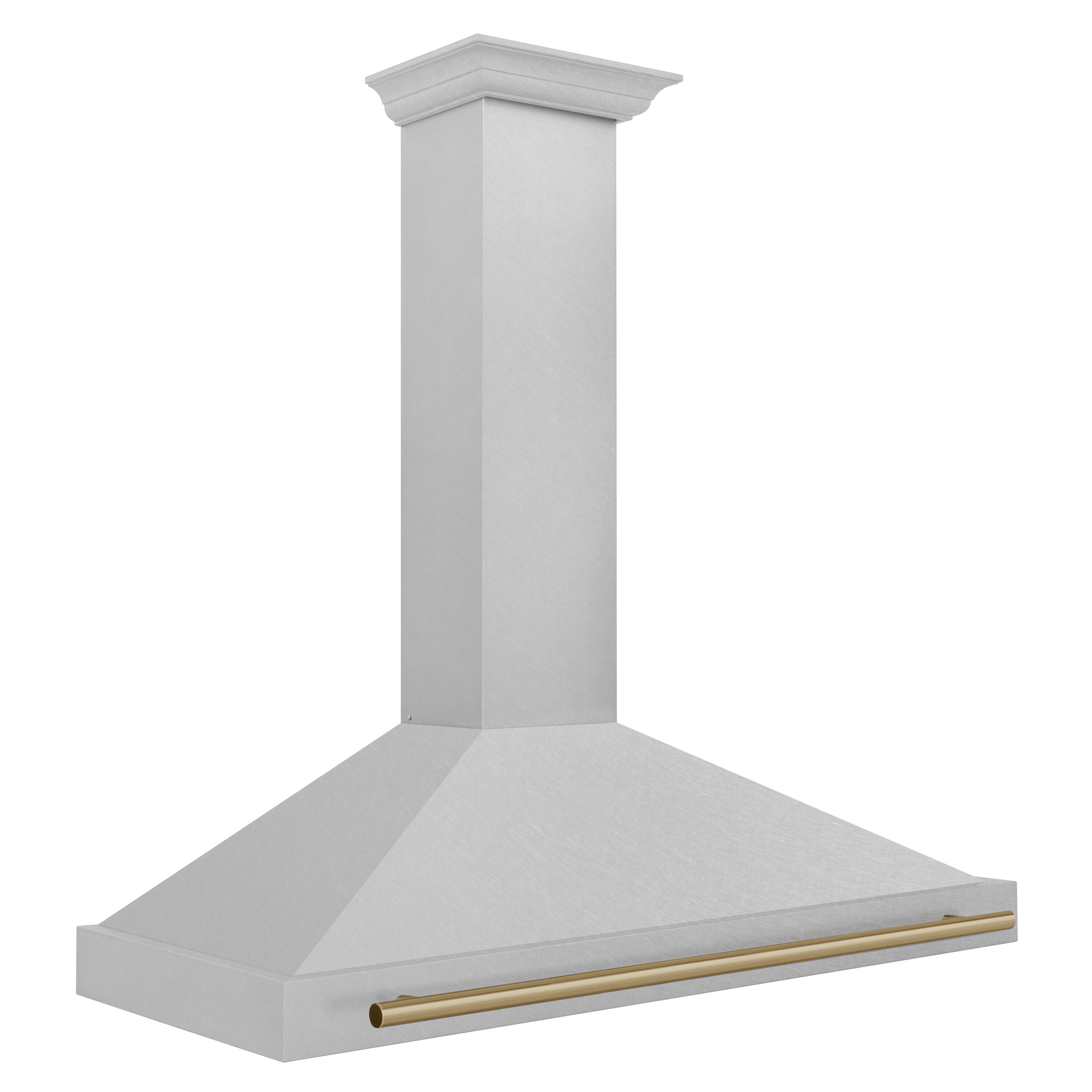 Angle. ZLINE - ZLINE Autograph Edition 48 in. Convertible Satin Stainless Steel Wall Mount Range Hood with Champagne Bronze Handle - Stainless steel.