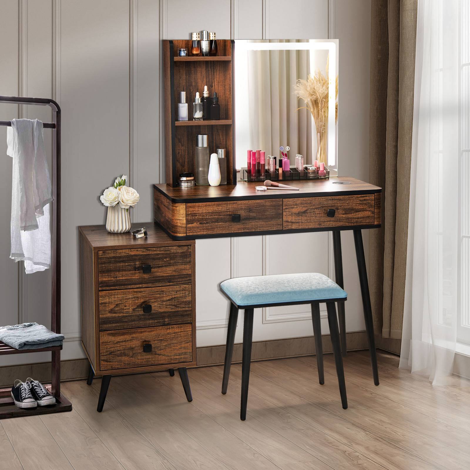 Angle. SlickBlue - Dressing Table Set with Lighted Mirror and Storage for Beauty Essentials - Brown.