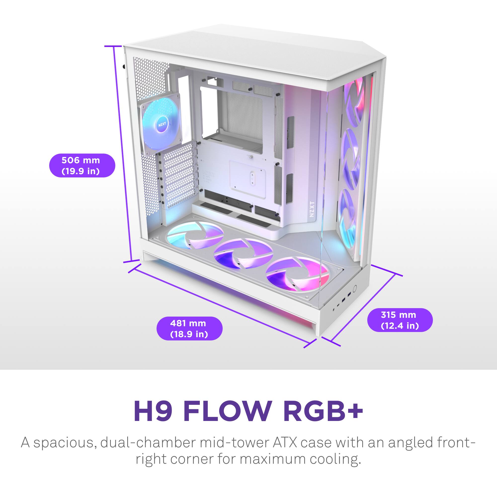 The text on the image reads: "H9 FLOW RGB+ A spacious, dual-chamber mid-tower ATX case with an angled front-right corner for maximum cooling."