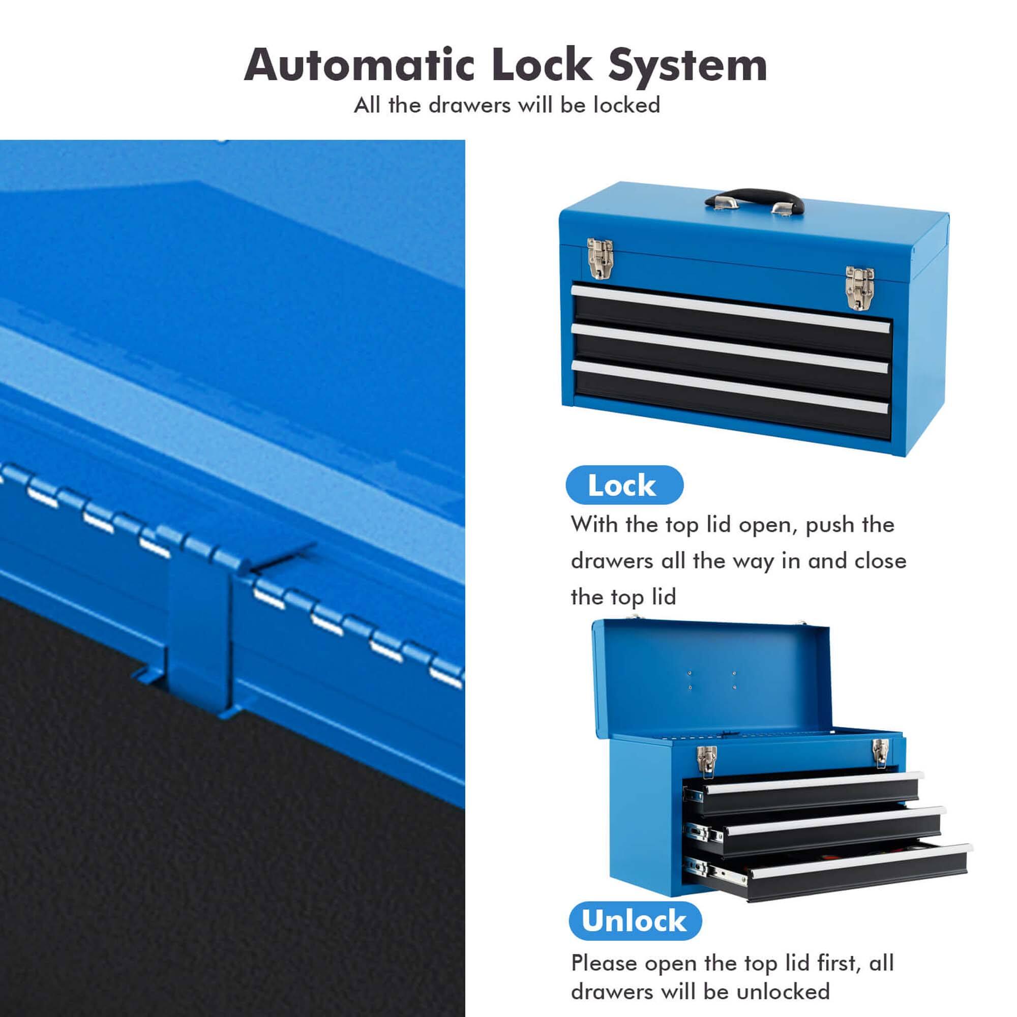Automatic Lock System  
All the drawers will be locked  

Lock  
With the top lid open, push the drawers all the way in and close the top lid  

Unlock  
Please open the top lid first, all drawers will be unlocked