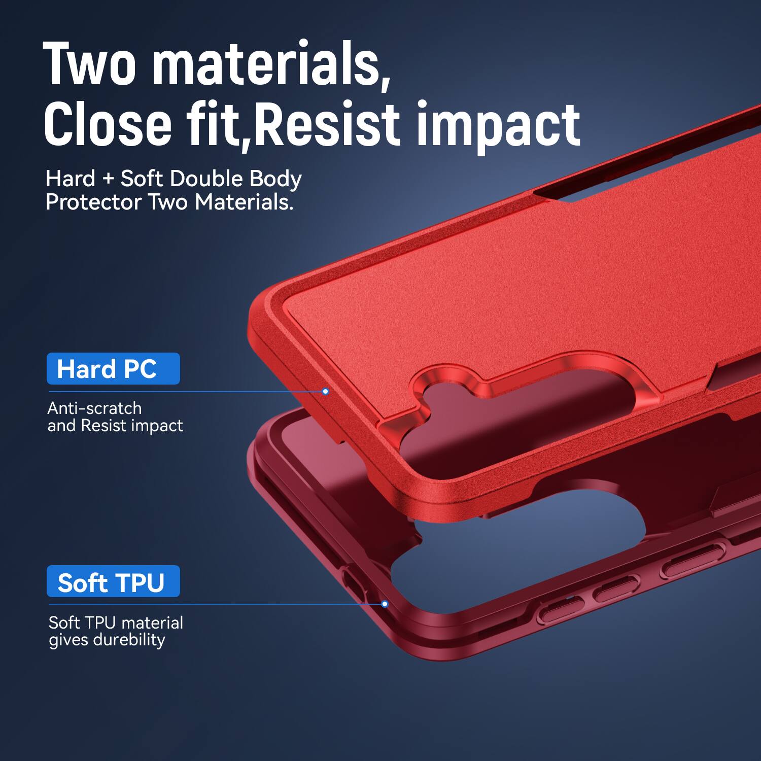 Two materials, Close fit, Resist impact  
Hard + Soft Double Body Protector Two Materials.  

Hard PC  
Anti-scratch and Resist impact  

Soft TPU  
Soft TPU material gives durability