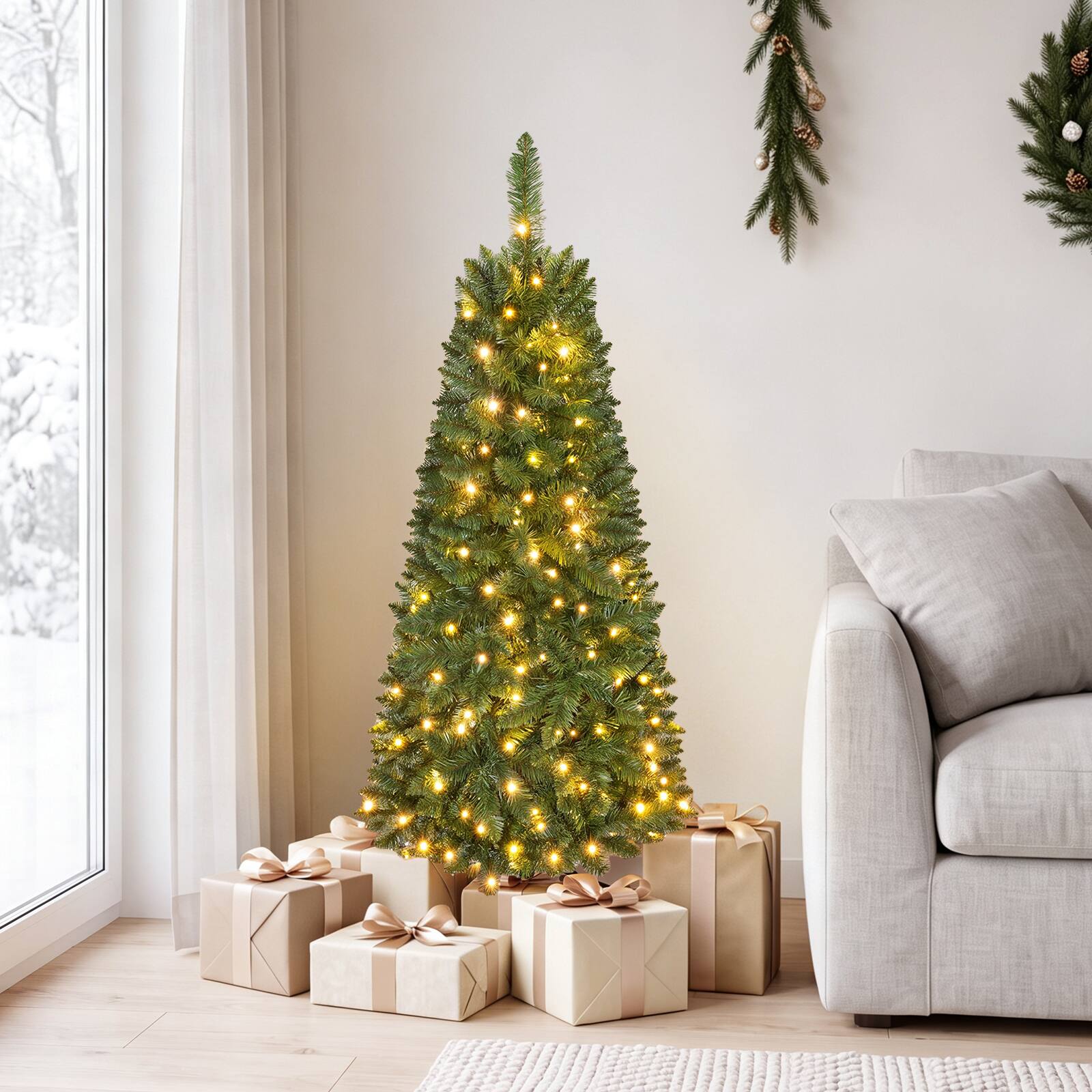 Alt View 3. Costway - 4.5 FT Pre-Lit Pencil Christmas Tree Hinged with 150 LED Lights - Green.