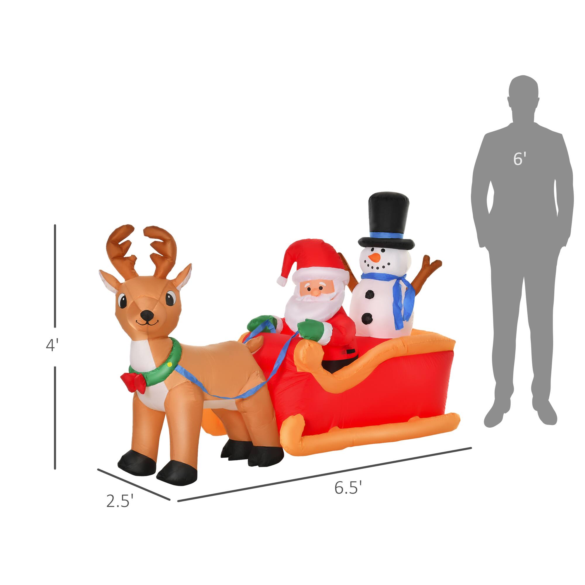 - Deer: 2.5' (height) x 4' (length)
- Santa Claus: 6.5' (length)
- Snowman: 6.5' (length)
- Reference figure: 6' (height)