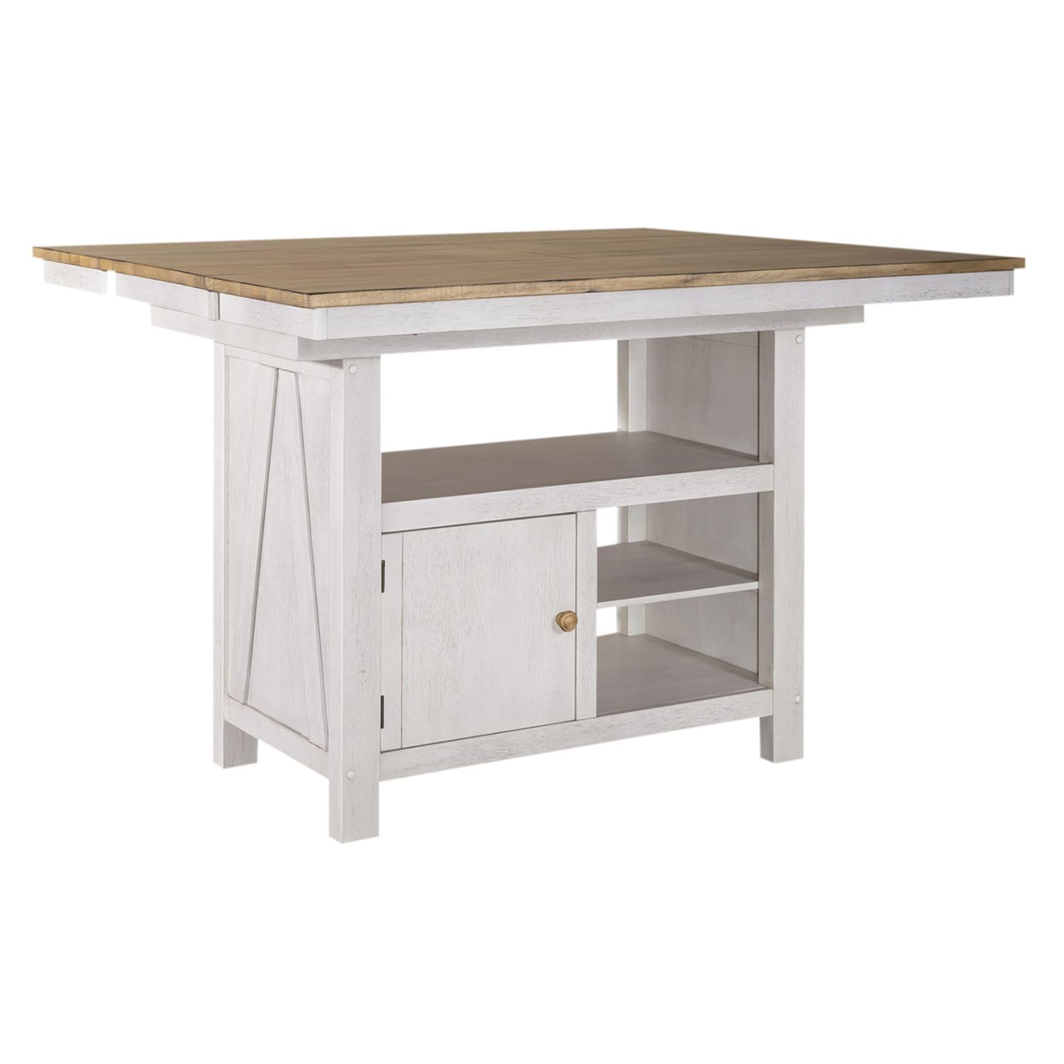 Angle. Liberty Furniture Industries - Lindsey Farm Kitchen Island in Rubberwood Solids & Veneers w/ MDF - Weathered White & Sandstone.