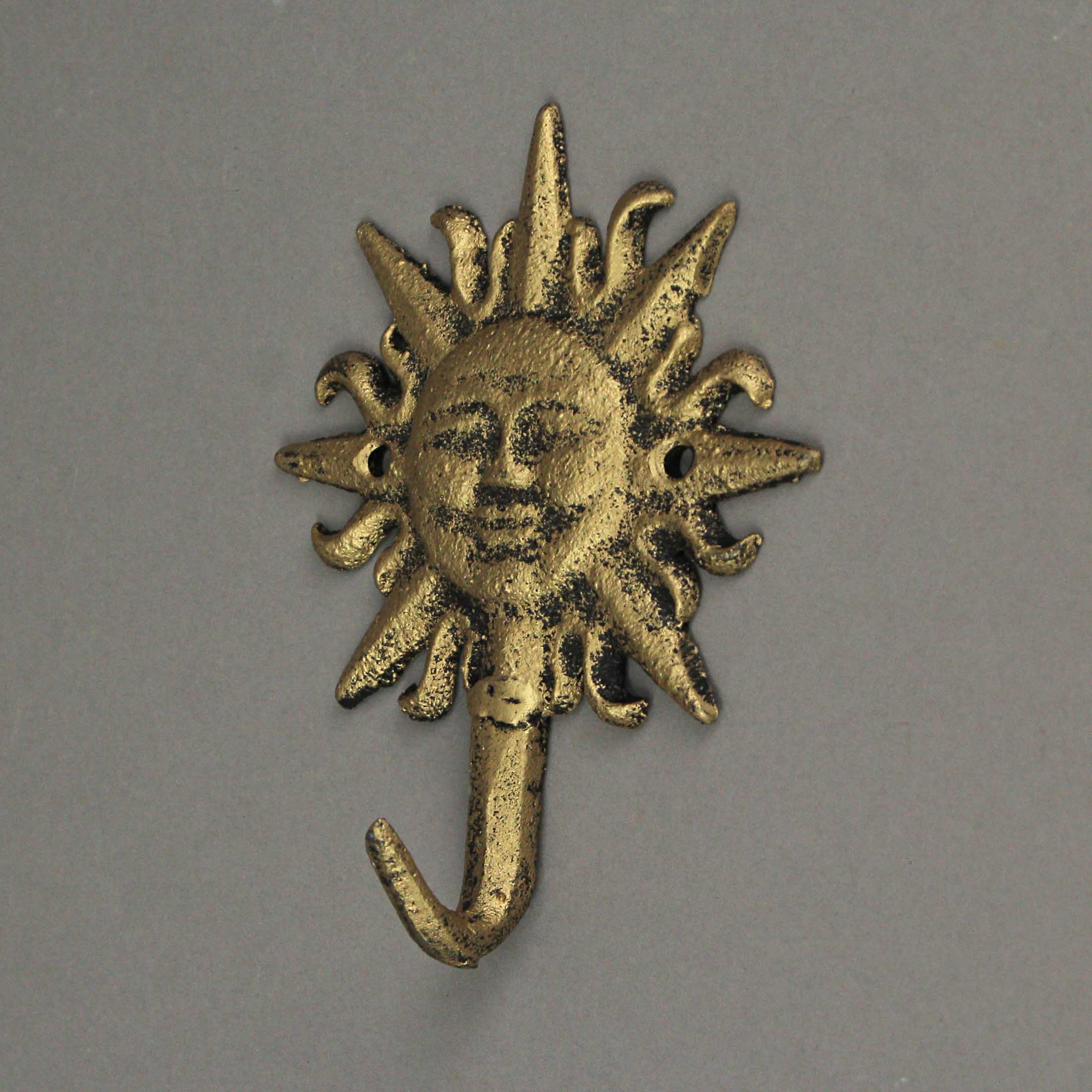 Alt View 4. Zeckos - Set of 3 Cast Iron Gold Sun Face Decorative Wall Hooks Towel Coat Hanger Rack - Gold.