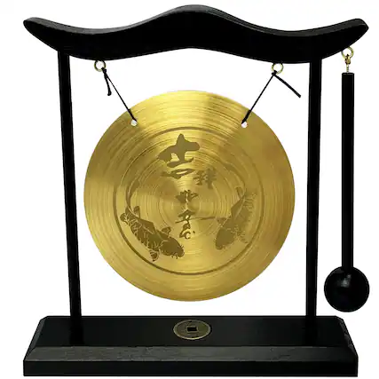 Front. Refined Abode Design - Tai Chi Double Dragon Brass Desk Gong 19cm – Meditation Sound Therapy with Coins Base - Fh1306.