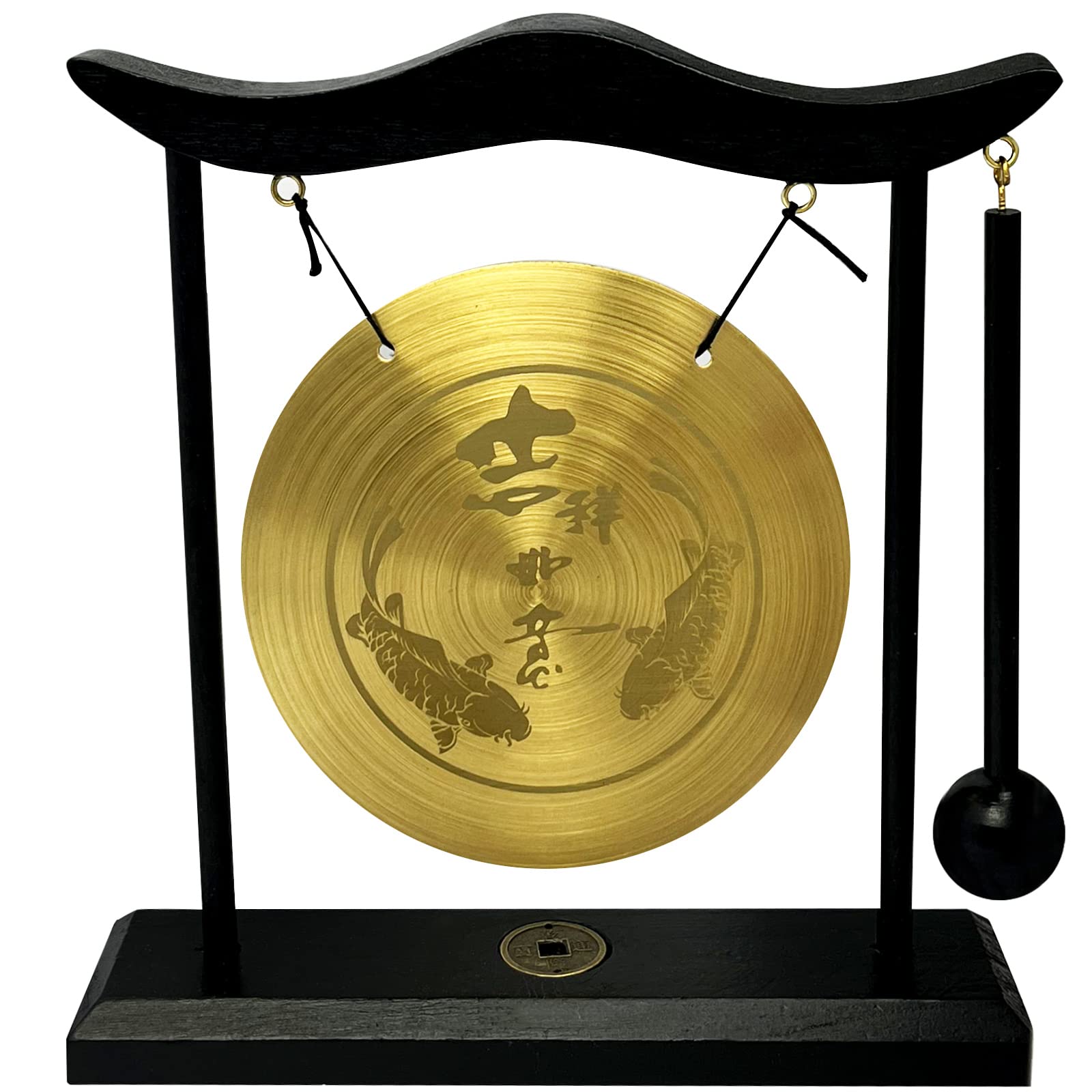 Front. Refined Abode Design - Tai Chi Double Dragon Brass Desk Gong 19cm – Meditation Sound Therapy with Coins Base - Fh1306.