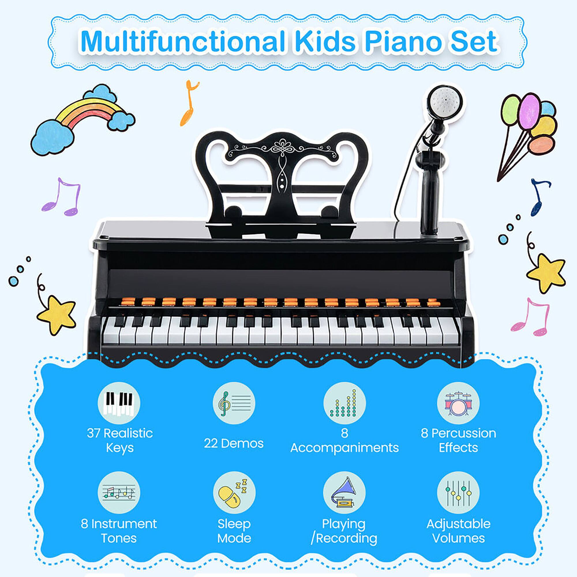 Multifunctional Kids Piano Set

- 37 Realistic Keys
- 22 Demos
- 8 Accompaniments
- 8 Percussion Effects
- 8 Instrument Tones
- Sleep Mode
- Playing/Recording
- Adjustable Volumes