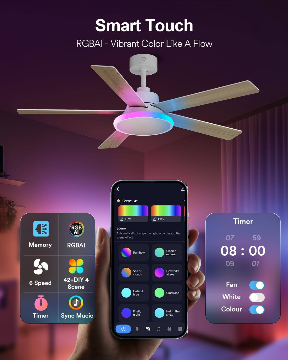 Smart Touch RGBAI - Vibrant Color Like A Flow

Scene DIY
Memory
RGBAI
6 Speed
42+DIY 4 Scene
Timer
Sync Music

Timer
07 59
08:00
09 01

Fan
White
Colour

Scene
Automatically change the light according to the scene effect
Rainbow express
Sea of Fireworks at sea
Iceland blue
Grassland
Hut in the snow