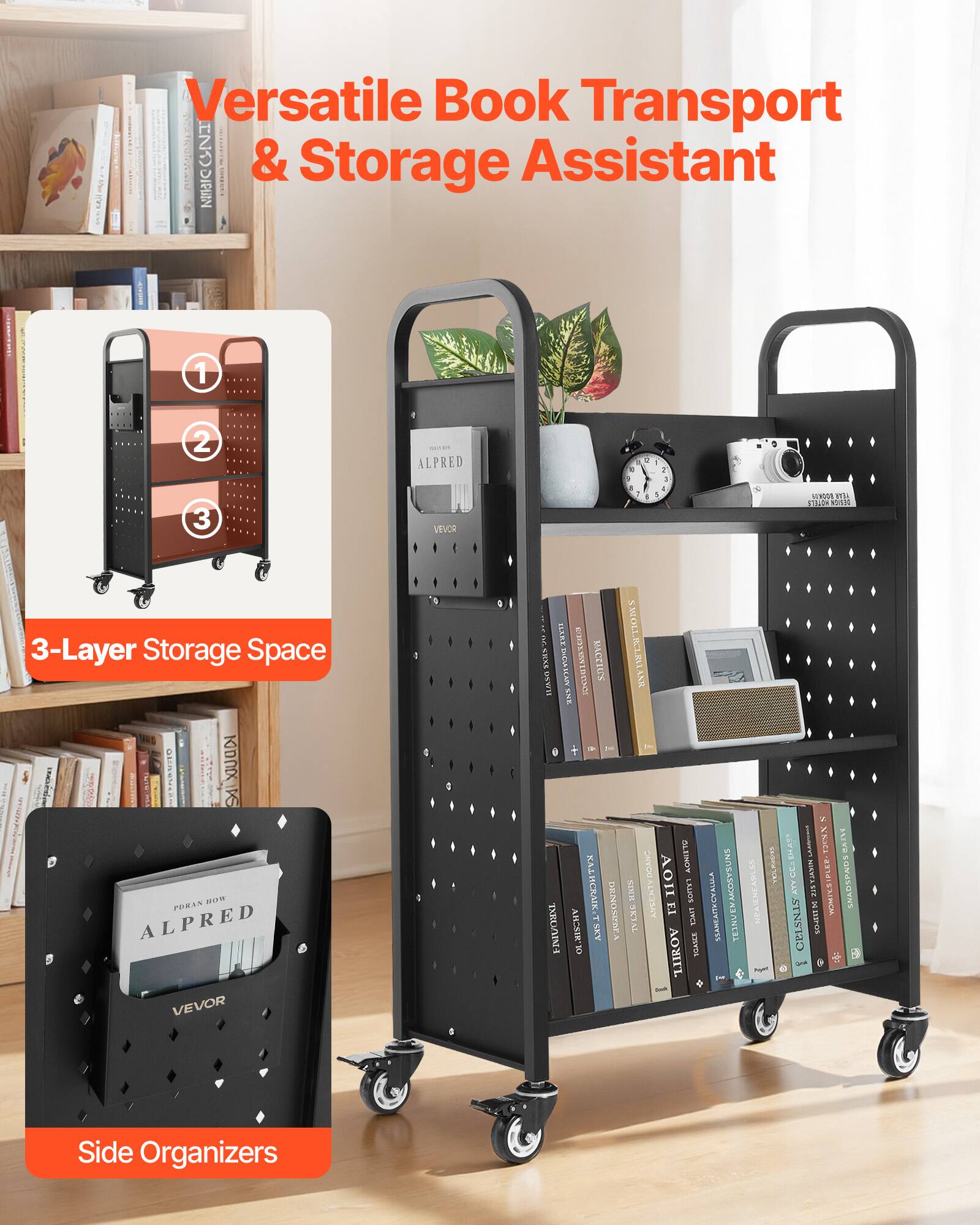 Versatile Book Transport & Storage Assistant

3-Layer Storage Space

Side Organizers