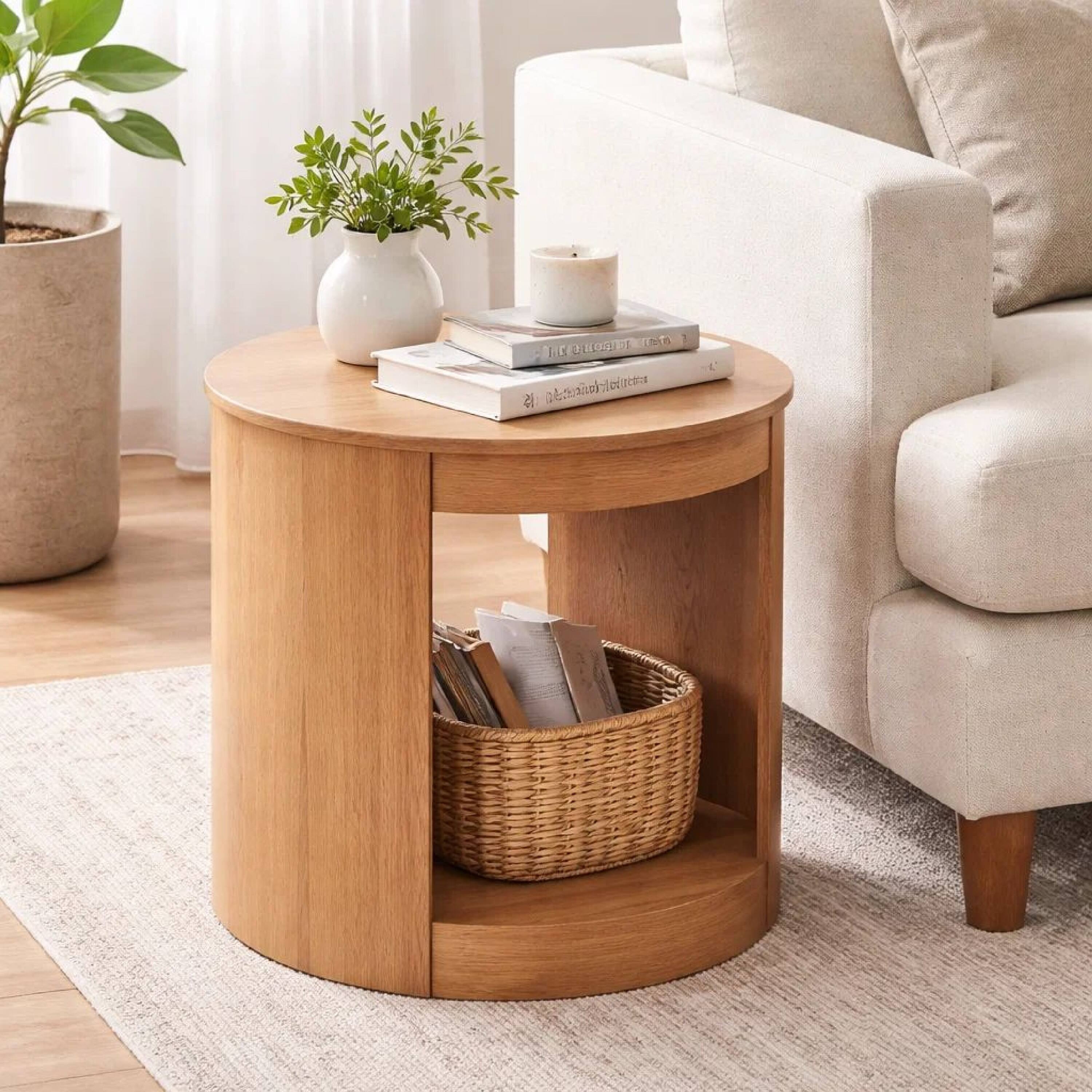 Alt View 7. Manhattan Lane - Sery Side End Table, 22 Inch Round Top with Open Lower Shelf - Natural Oak Brown.