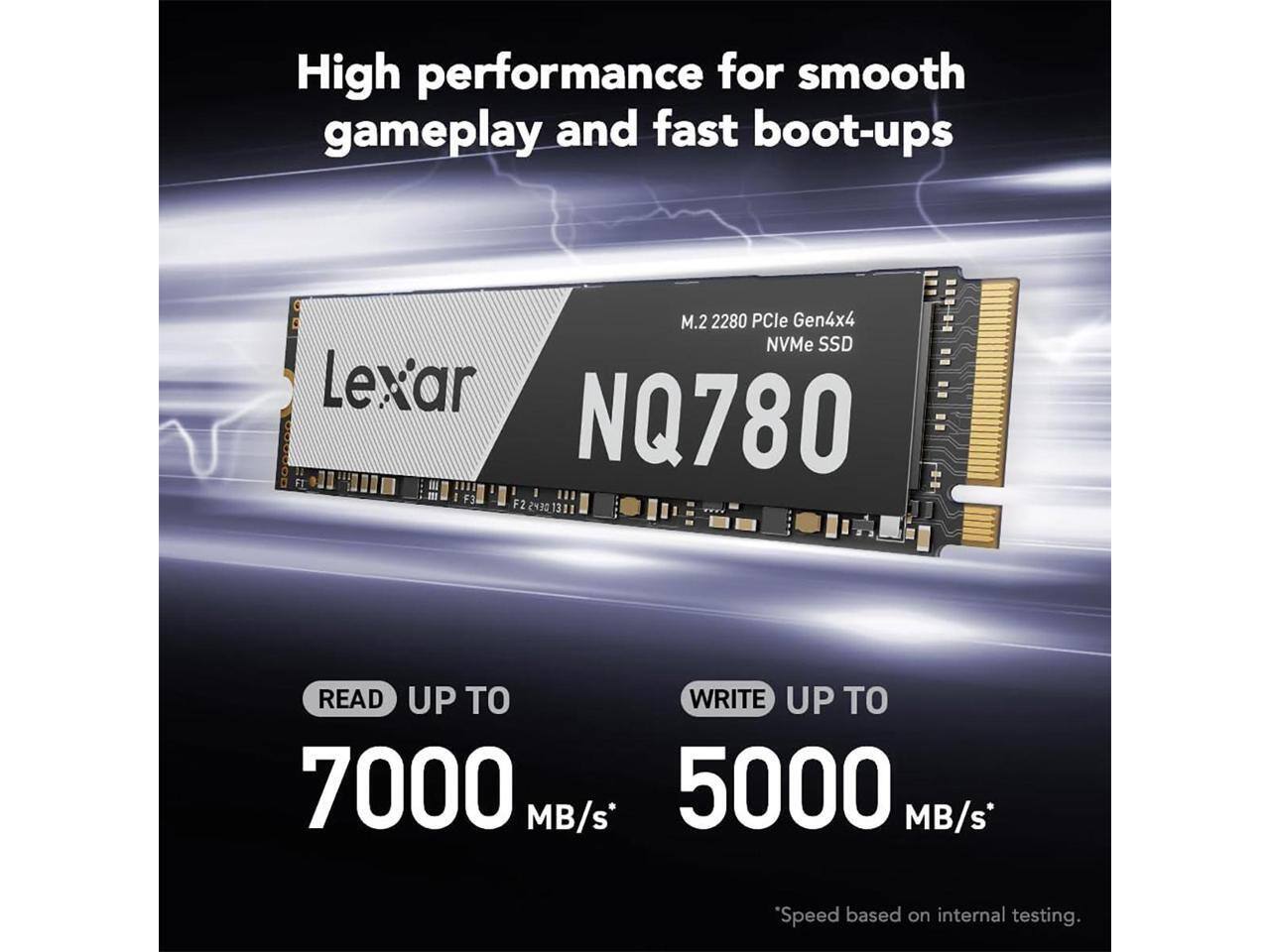 High performance for smooth gameplay and fast boot-ups

M.2 2280 PCIe Gen4x4 NVMe SSD

Lexar NQ780

READ UP TO 7000 MB/s*

WRITE UP TO 5000 MB/s*

*Speed based on internal testing.