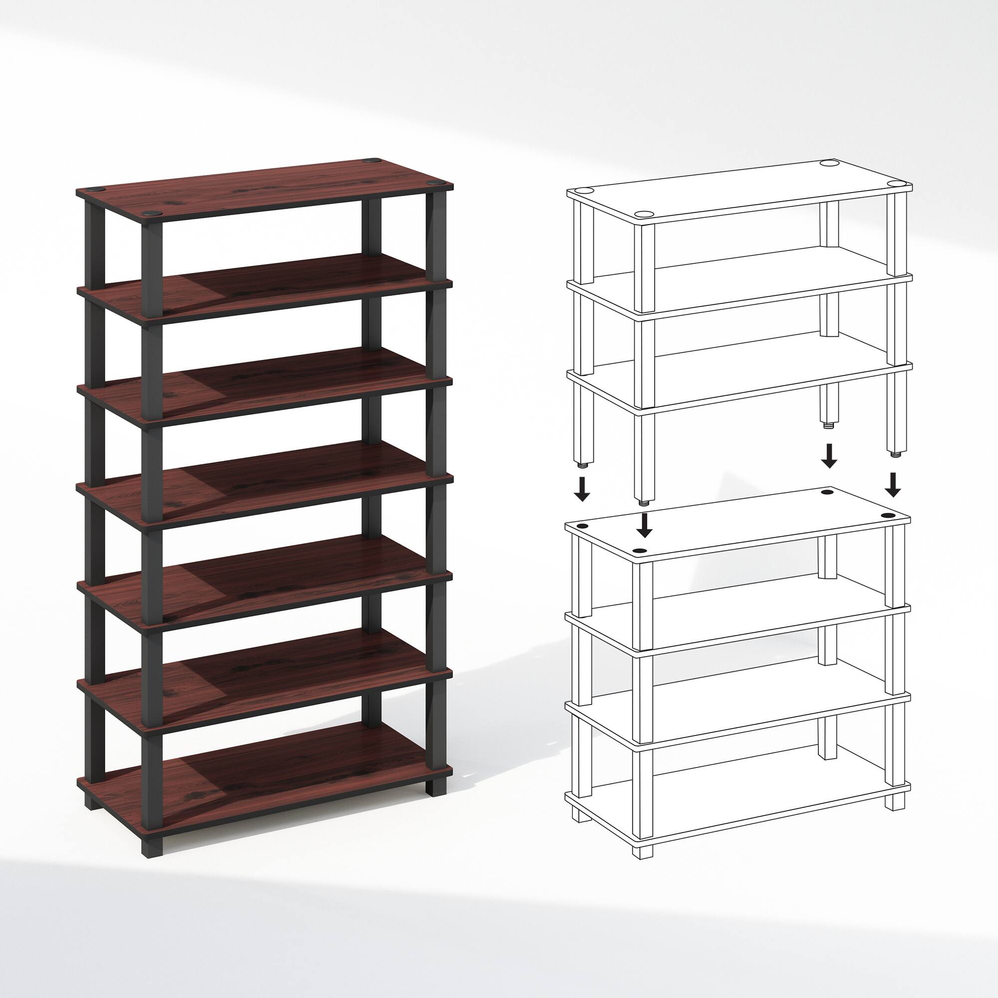 Alt View 2. Furinno - Turn-S-Tube 4-Tier Multipurpose Standing Shelves, Dark Cherry/Black, Set of 2 - Dark Cherry/Black.