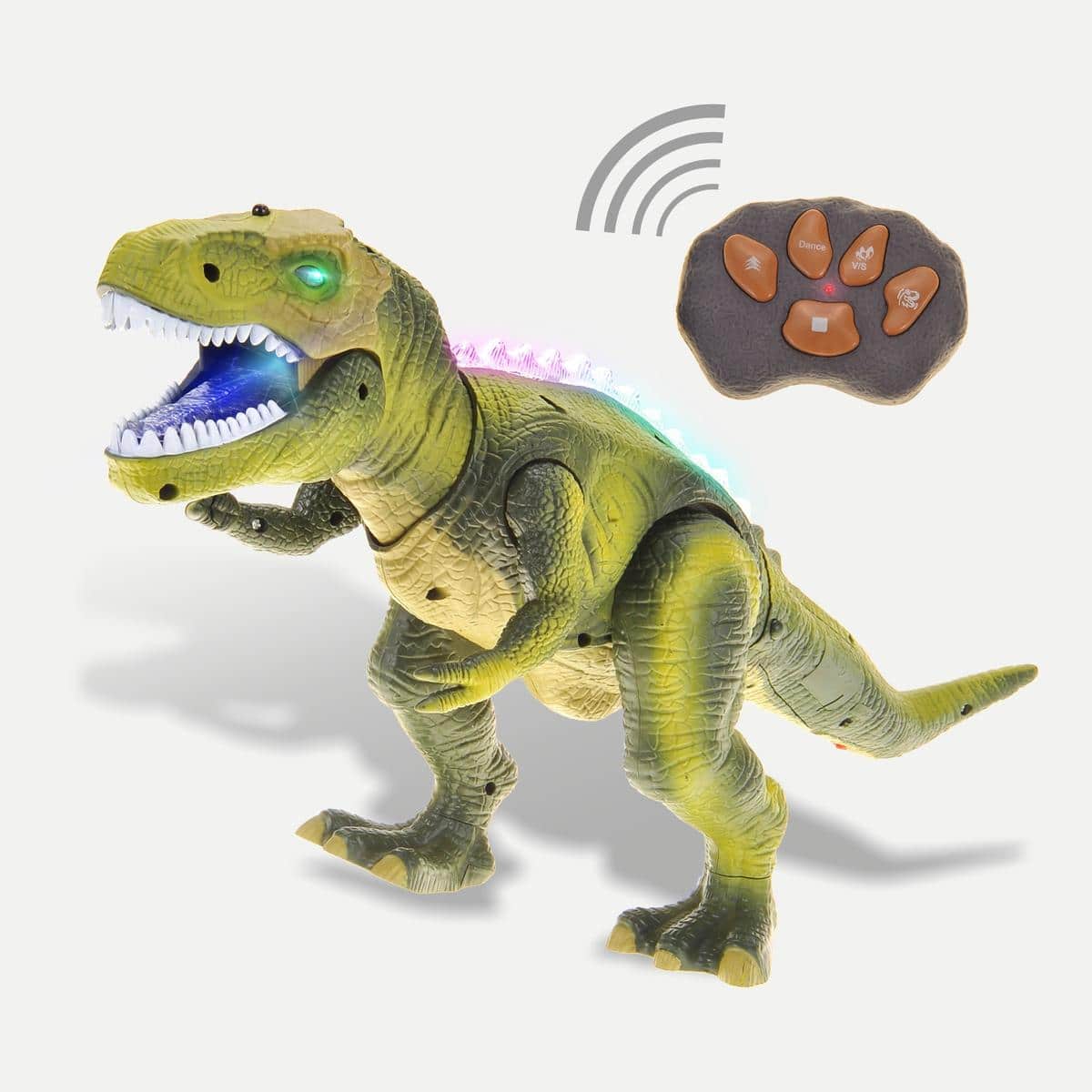 Front. JuzToys - Remote Control Dinosaur Toy, Walking T-Rex with Light & Sound Effects, RC Dino Toy for Kids – Green - Green.