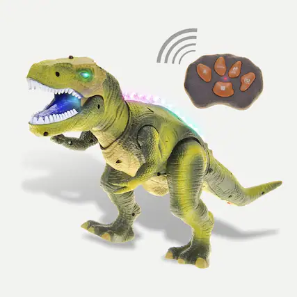 Front. JuzToys - Remote Control Dinosaur Toy, Walking T-Rex with Light & Sound Effects, RC Dino Toy for Kids – Green - Green.