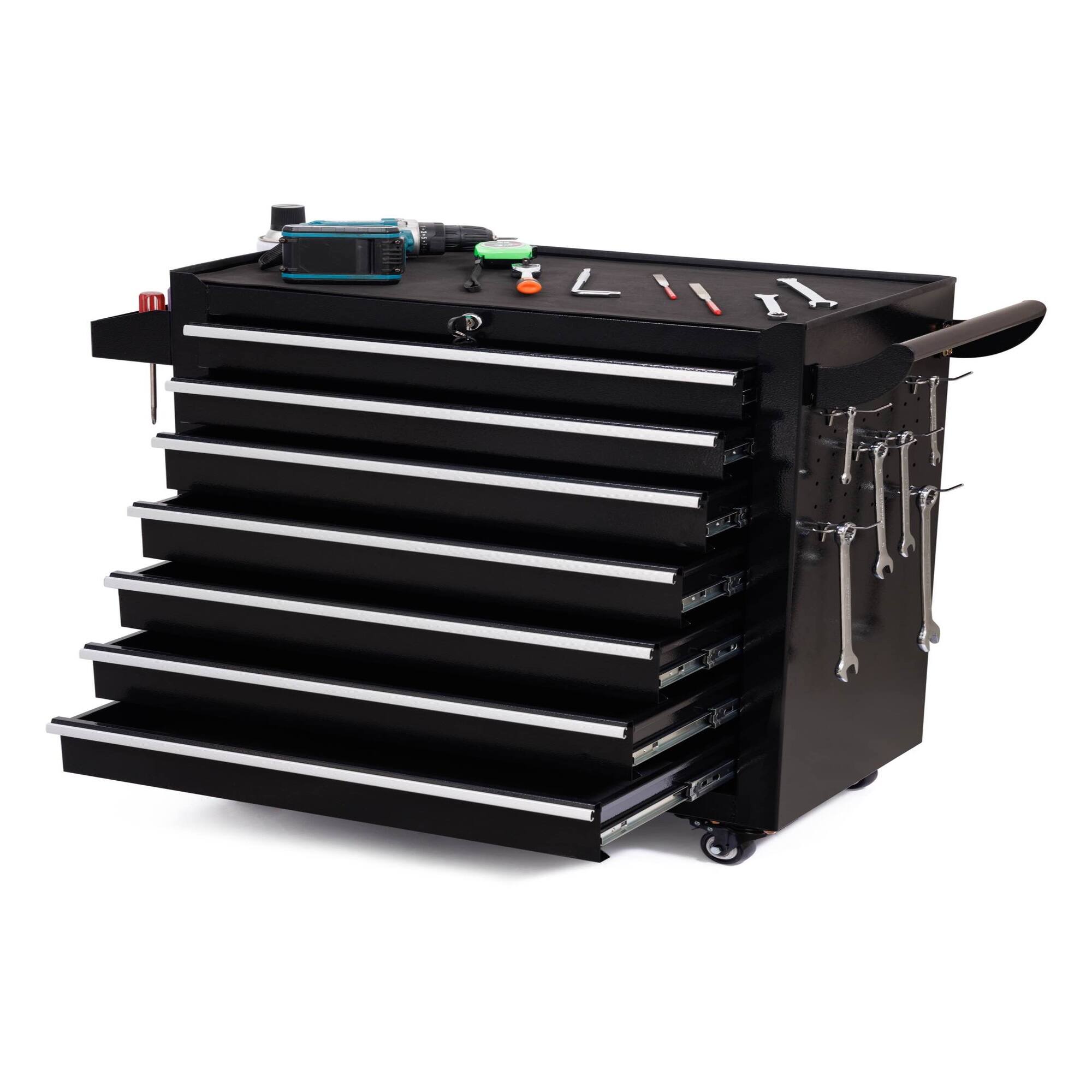 Angle. Boyel Living - 7-Drawer Folding Tool Storage Cabinet with Removable Pegboard - Black.