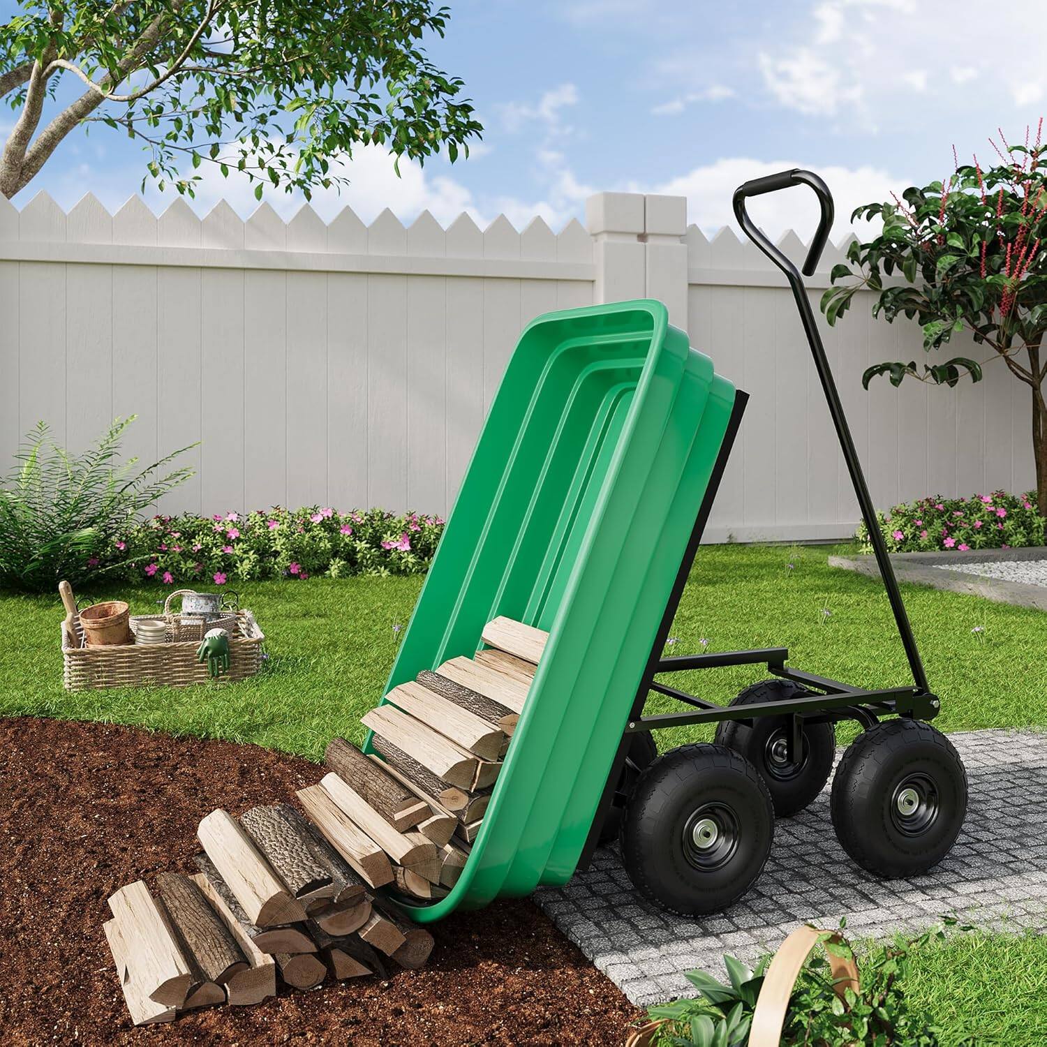 Back. Acekool - Heavy Duty Garden Dump Cart, 1200 LBS Capacity, All-Terrain Wheels, Quick-Release, Steel & Poly Tray Cart, Green - Green.