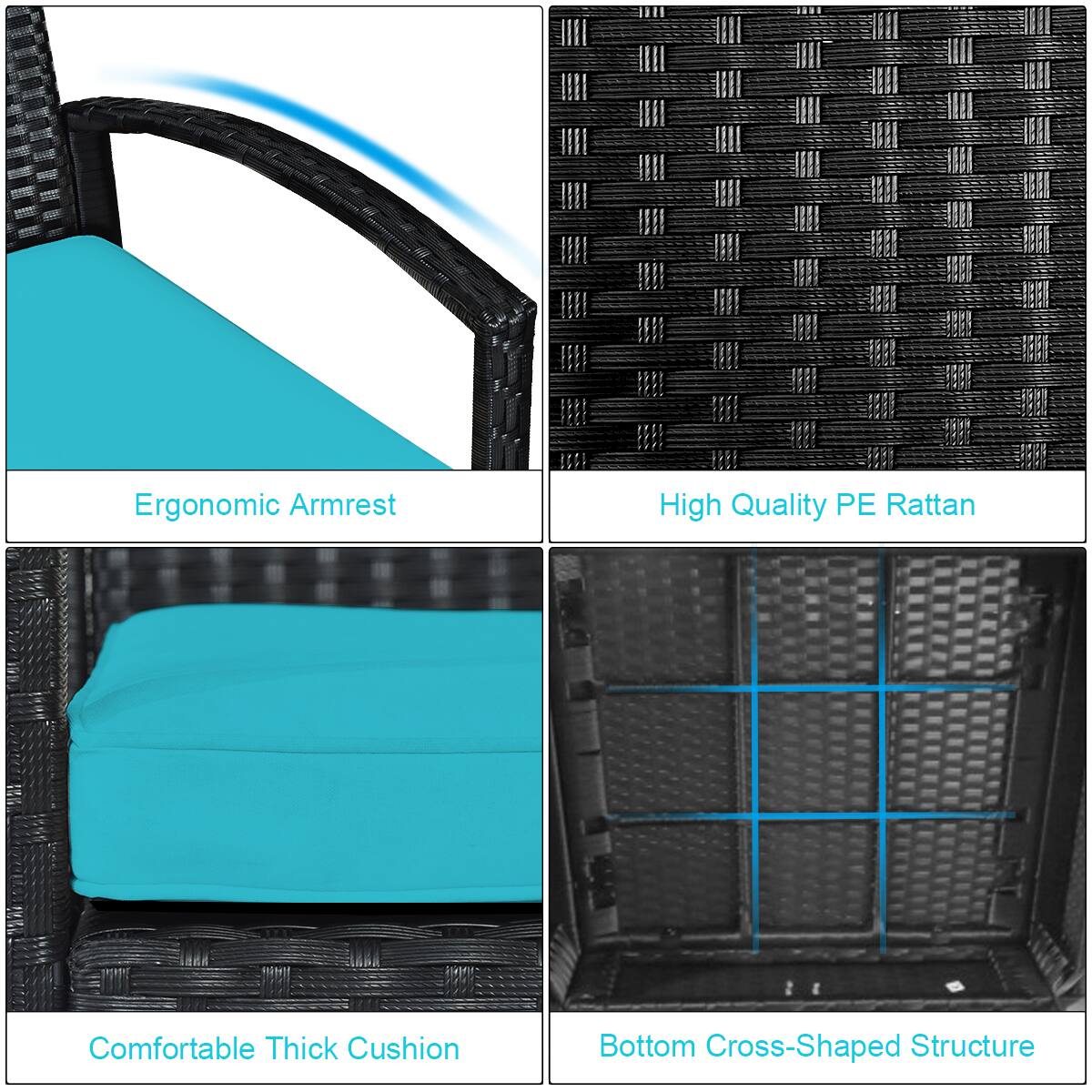 - Ergonomic Armrest
- High Quality PE Rattan
- Comfortable Thick Cushion
- Bottom Cross-Shaped Structure
