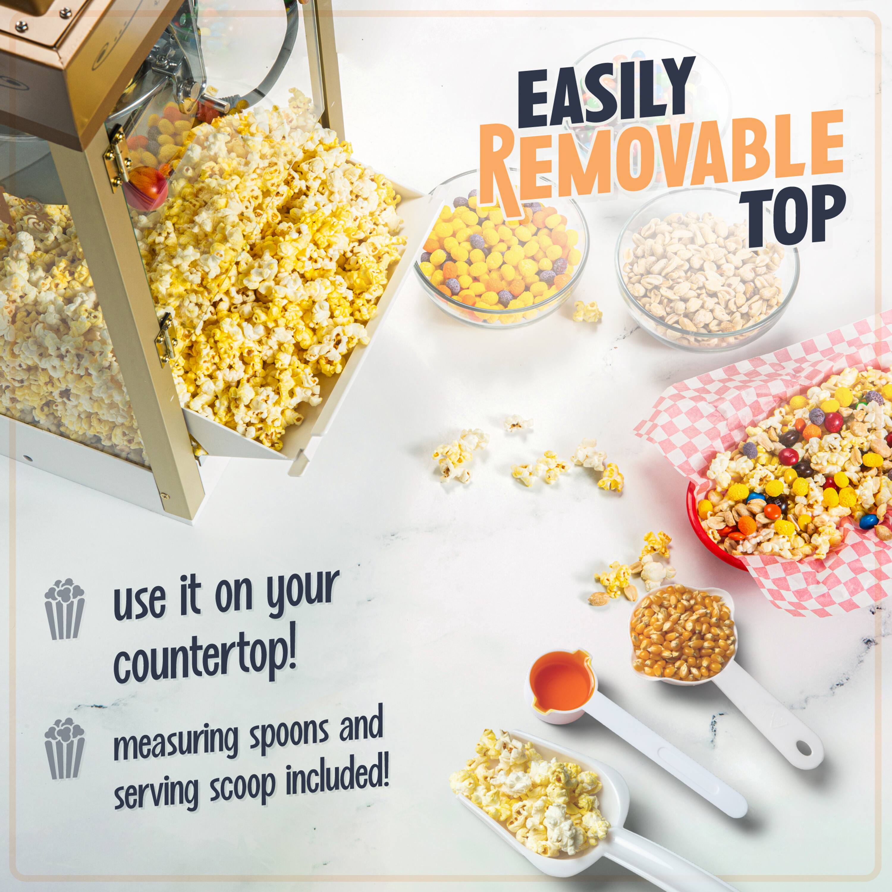 EASILY REMOVABLE TOP  
use it on your countertop!  
measuring spoons and serving scoop included!