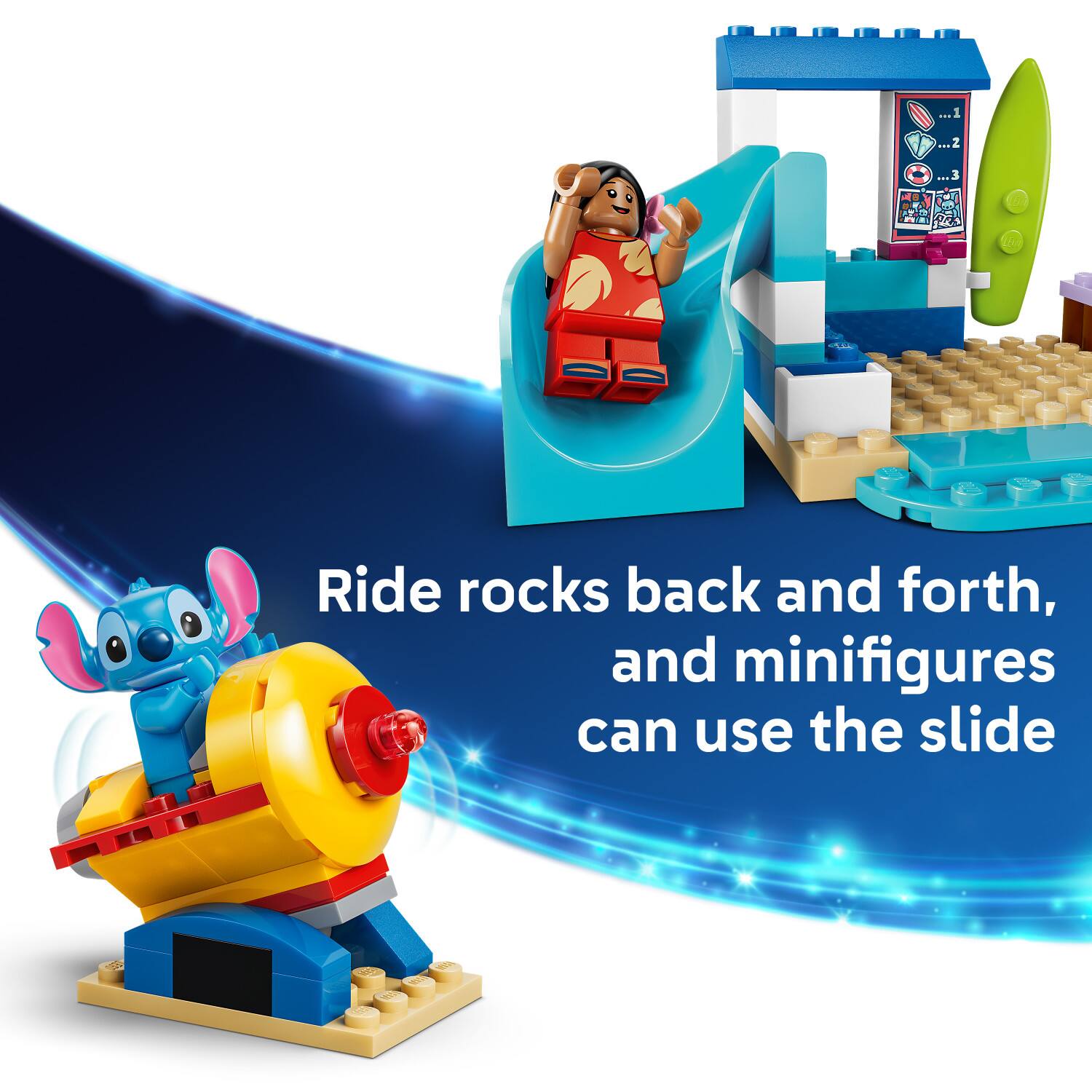 Ride rocks back and forth, and minifigures can use the slide