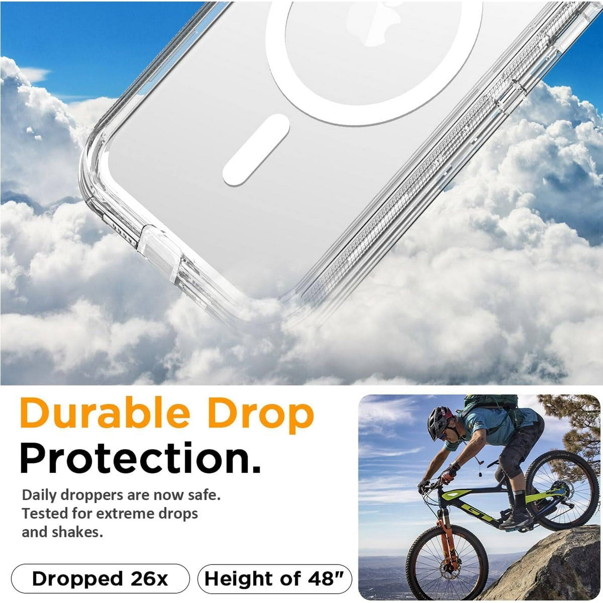 Durable Drop Protection.  
Daily droppers are now safe.  
Tested for extreme drops and shakes.  
Dropped 26x  
Height of 48"