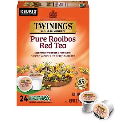 KEURIG GENNE K-CUP POOS  
TWININGS EST. 1706 LONDON  
Pure Rooibos Red Tea  
Distinctively Robust & Flavourful  
Naturally Caffeine-Free. Ready in Seconds!  

TWININGS Pure Rooibos Red Tea  
RECYCLABLE  
24 K-CUPPOOS  
300 Years of Expertise  
PURE HEAT  
NET WT. 2.79 oz  

TWININGS Rooibos Tea