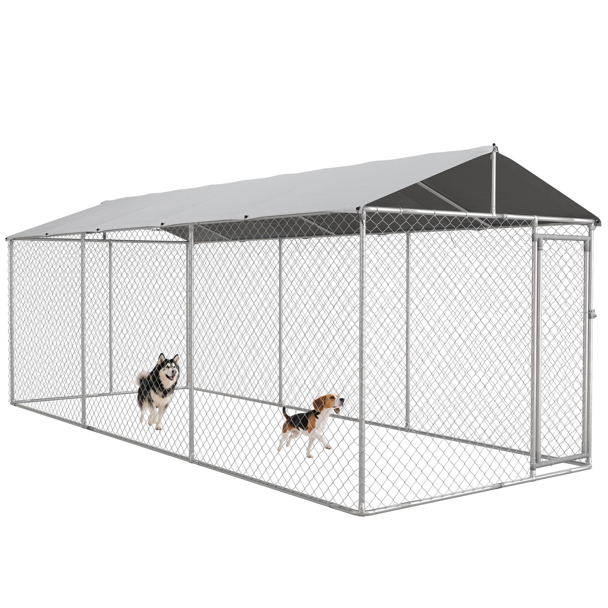 Pawhut - Outdoor Dog Kennel, Heavy Duty Dog Run Outdoor Fence with Waterproof Cover, Galvanized Chain Link, Secure Lock