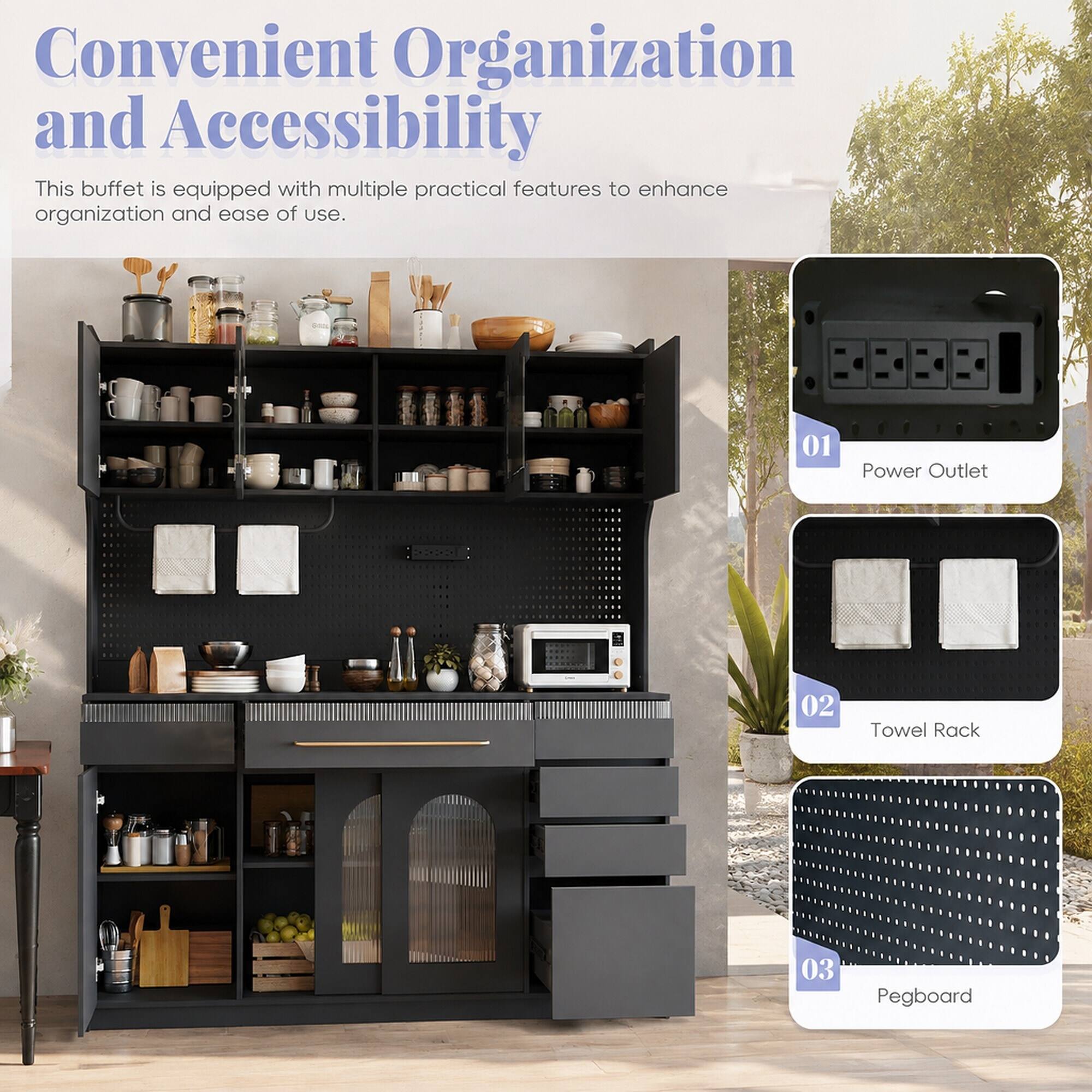 Convenient Organization and Accessibility

This buffet is equipped with multiple practical features to enhance organization and ease of use.

01
Power Outlet

02
Towel Rack

03
Pegboard