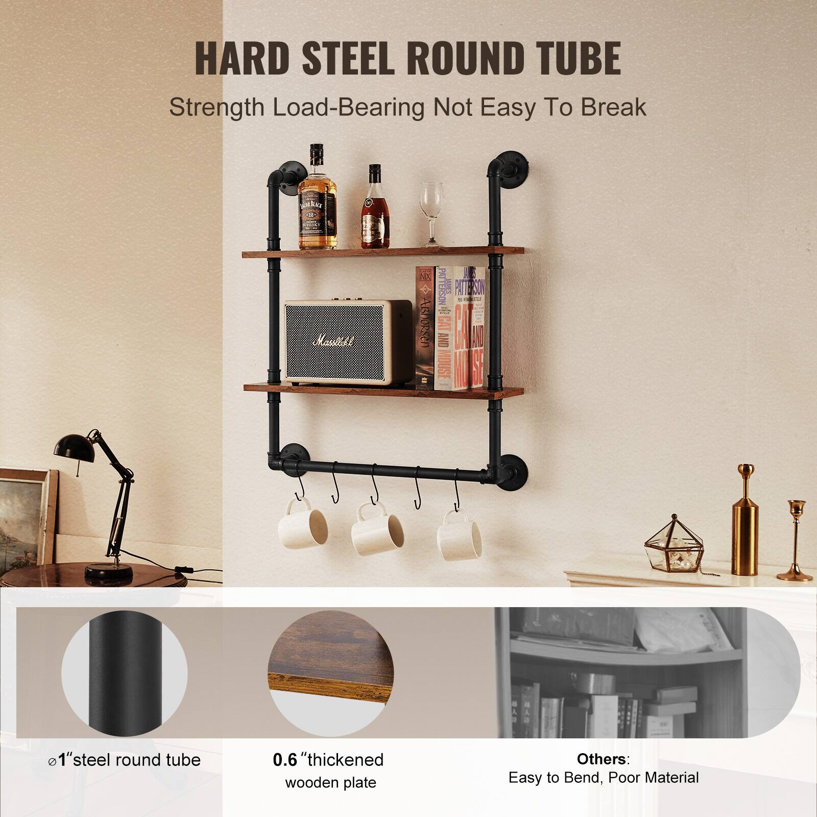 HARD STEEL ROUND TUBE  
Strength Load-Bearing Not Easy To Break  

1" steel round tube  
0.6" thickened wooden plate  

Others:  
Easy to Bend, Poor Material