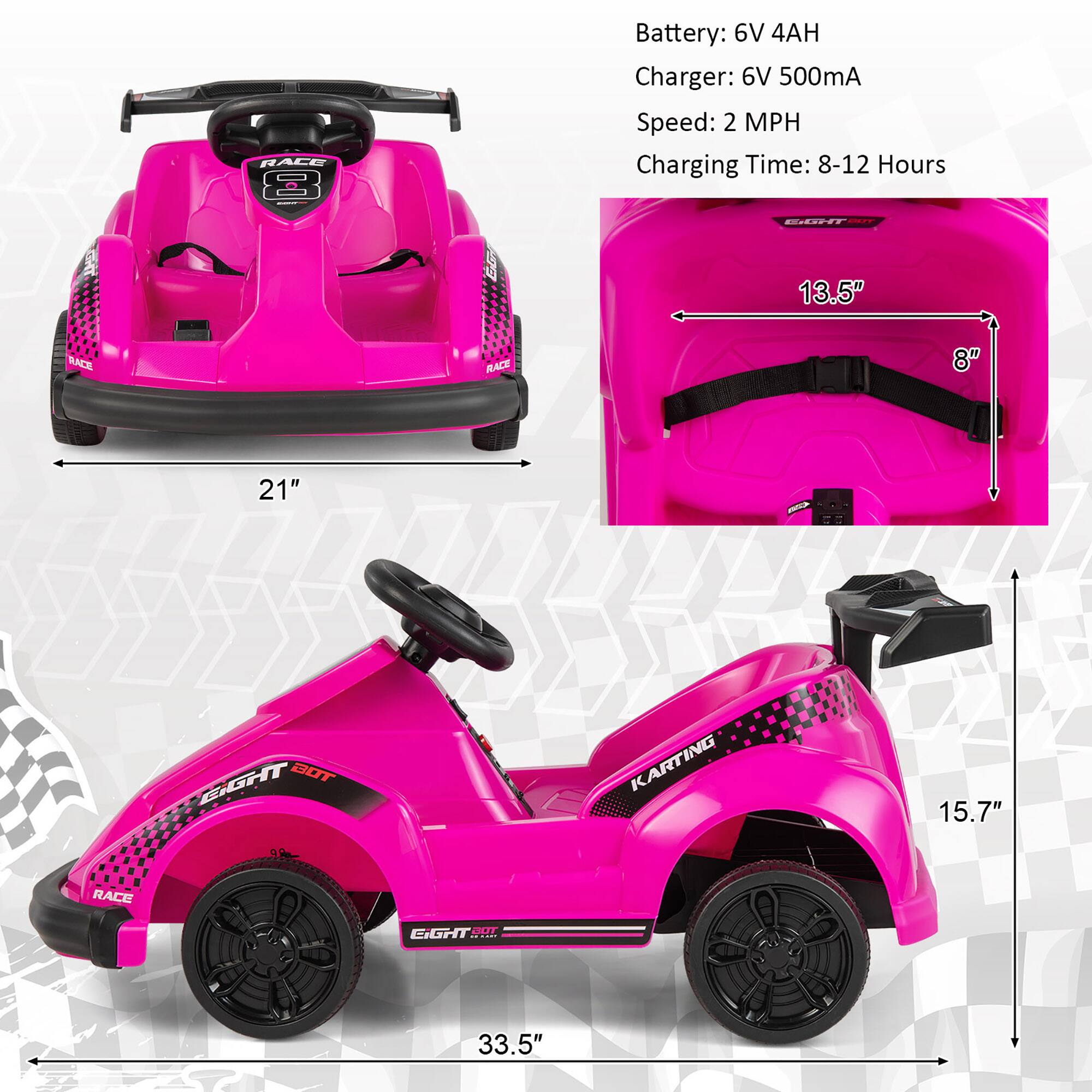 - Battery: 6V 4AH
- Charger: 6V 500mA
- Speed: 2 MPH
- Charging Time: 8-12 Hours

Dimensions:
- Length: 33.5"
- Width: 21"
- Height: 15.7"
- Seat Width: 13.5"
- Seat Depth: 8"