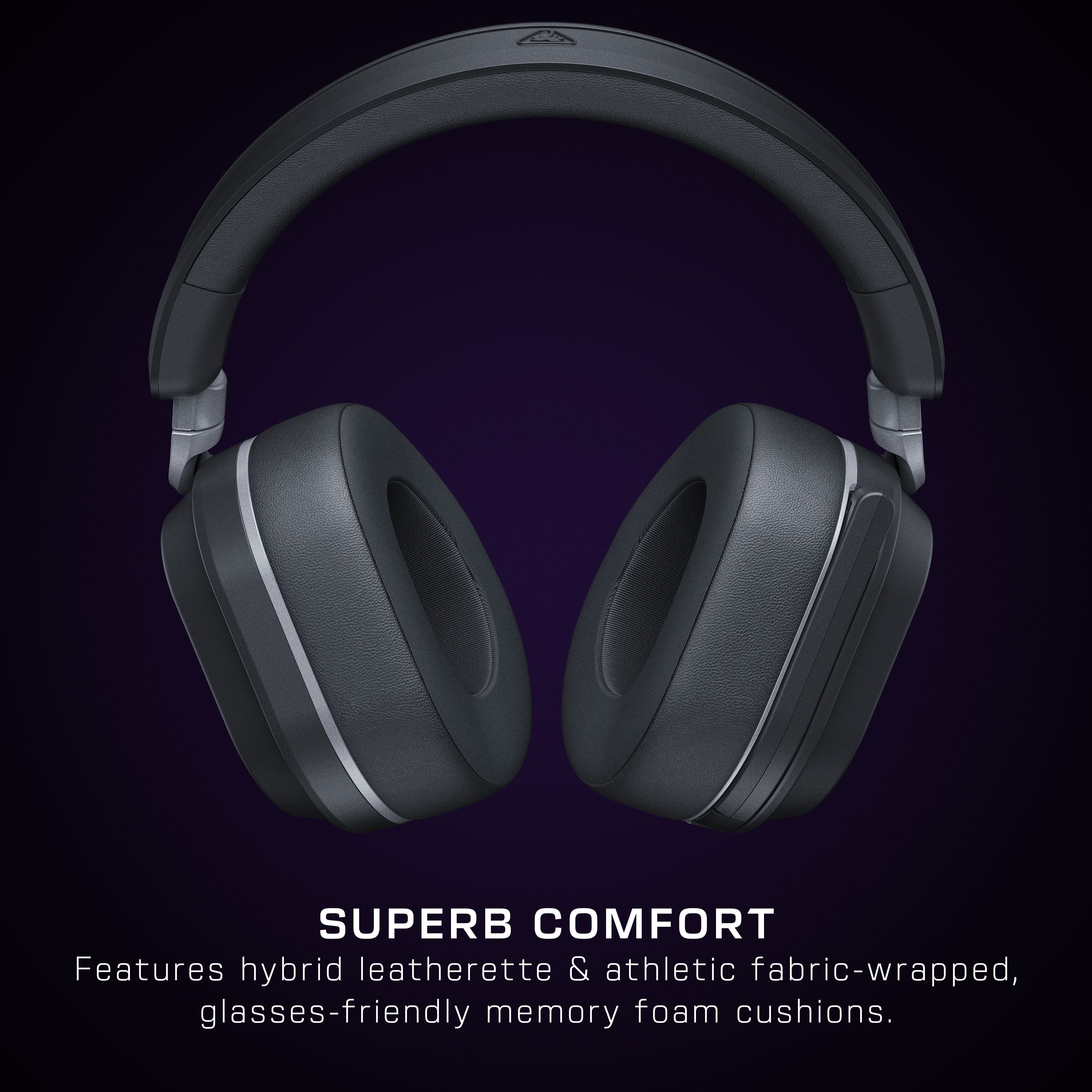 The image features a pair of black headphones with a purple background. The headphones are advertised as being "Superb Comfort" and are described as having hybrid leatherette and athletic fabric-wrapped cushions, as well as glasses-friendly memory foam cushions.