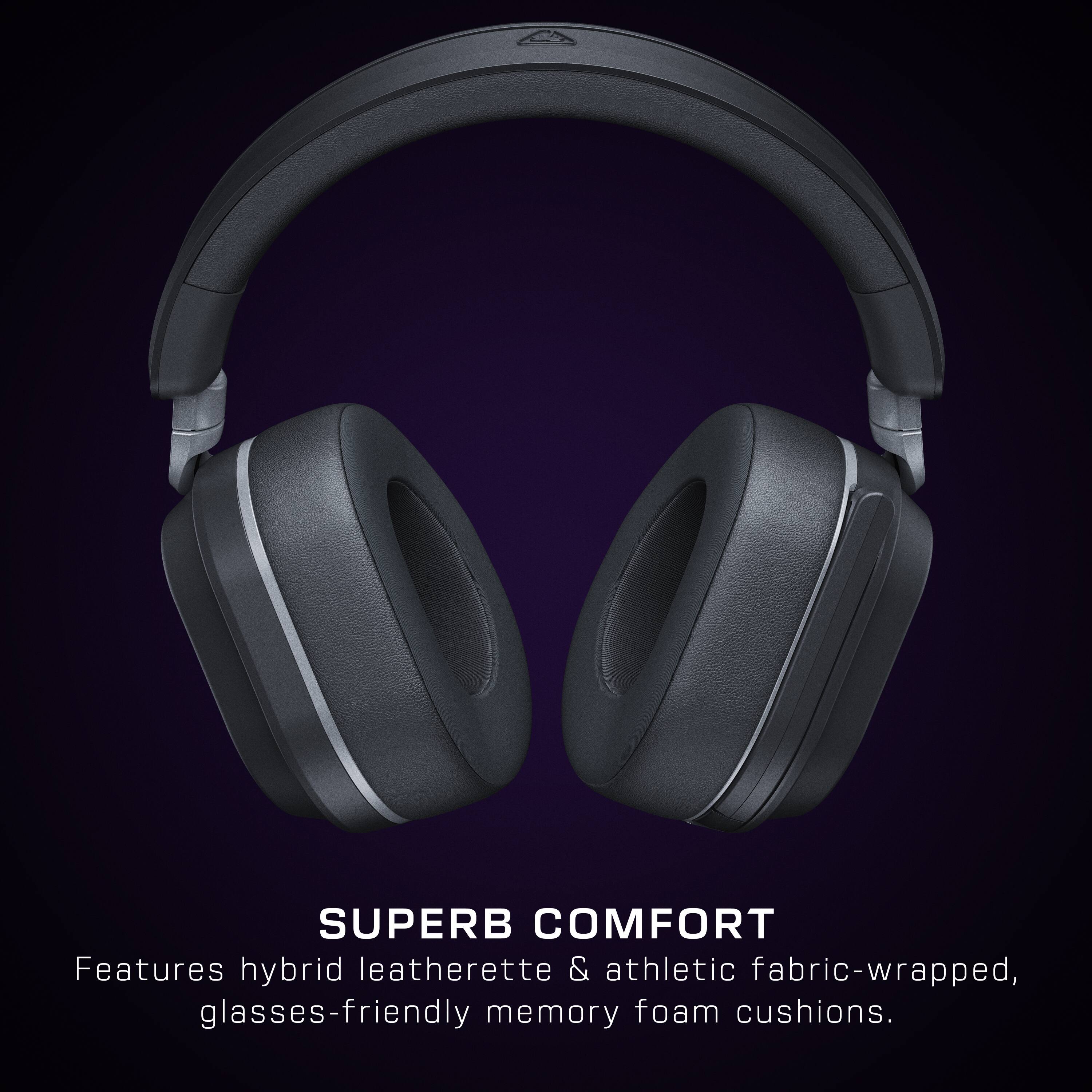 The image features a pair of black headphones with a purple background. The headphones are advertised as being "Superb Comfort" and are described as having hybrid leatherette and athletic fabric-wrapped cushions, as well as glasses-friendly memory foam cushions.