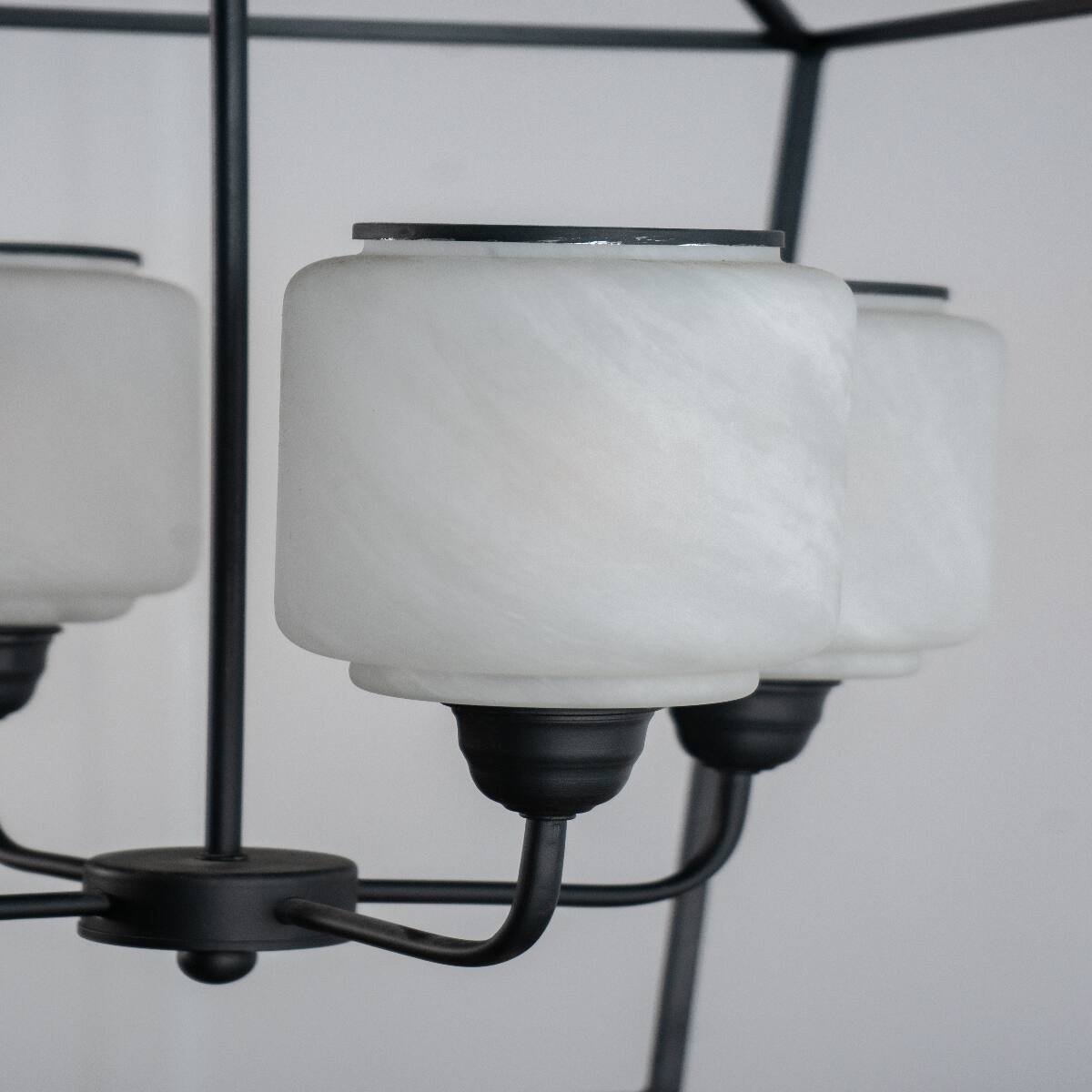 Back. Loheer - Loheer Black Iron Chandelier with Opaque Glass, Industrial Hanging Light Fixture for Dining Room and Entryway.